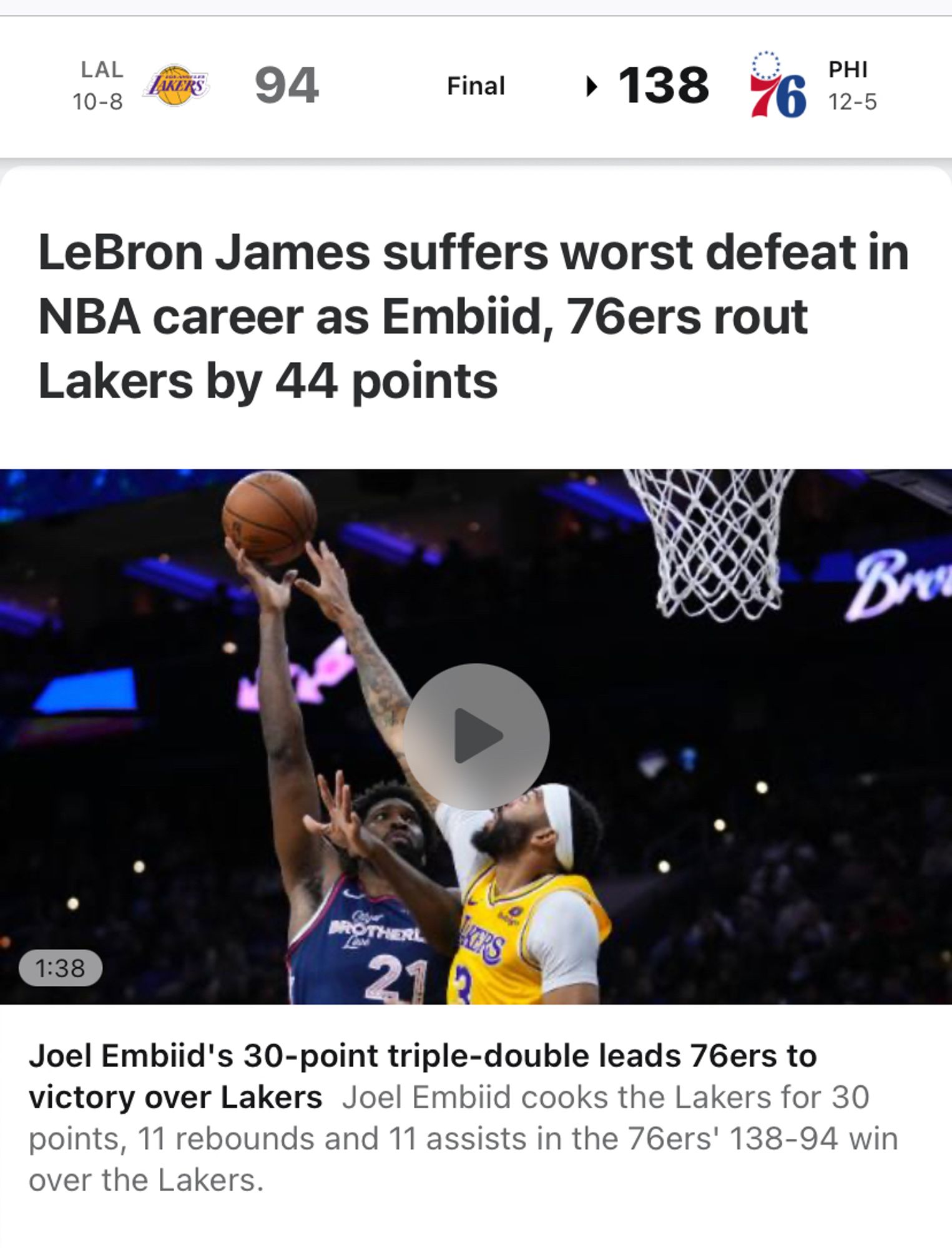 Screenshot of ESPN.com headline “LeBron James suffers worst defeat in NBA career as Embiid, 76ers rout Lakers by 44 points” with sub-head “Joel Embiid’s 30-point triple double leads 76ers to victory.”