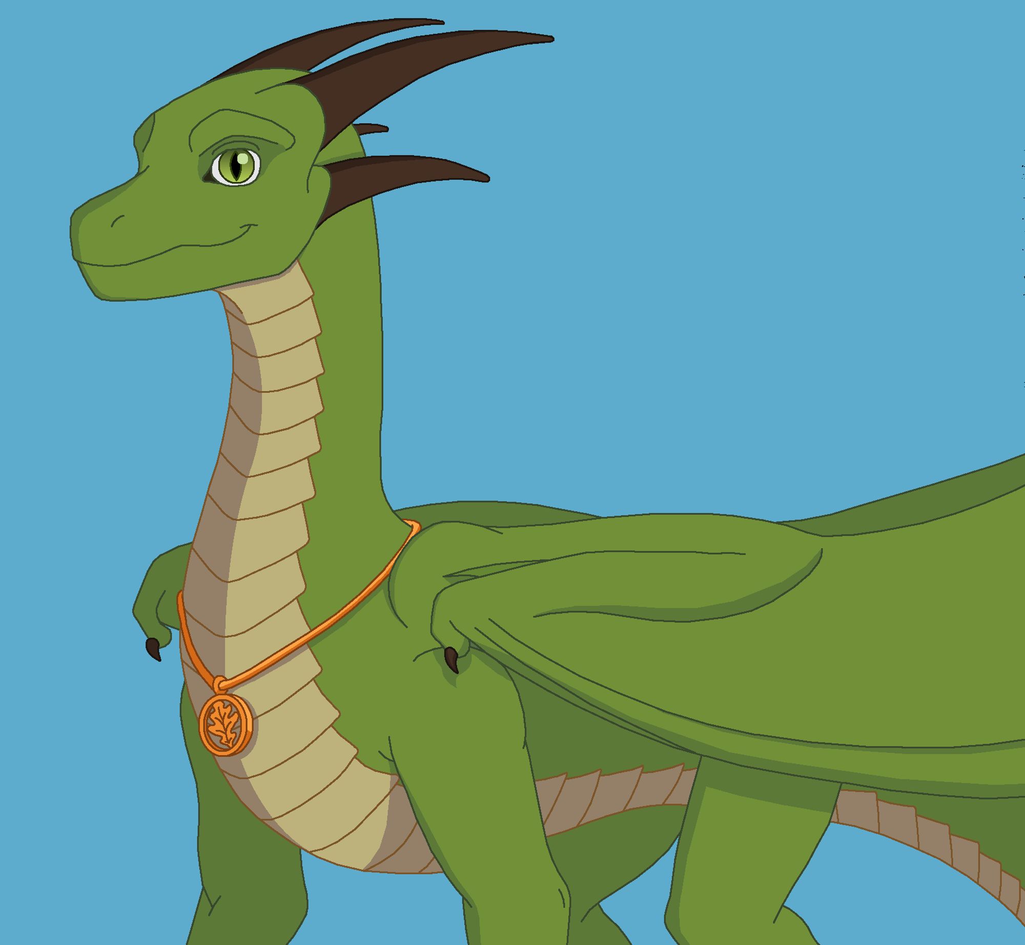 A green dragon with a gold pendant (belongs to @cainhiryu.bsky.social)