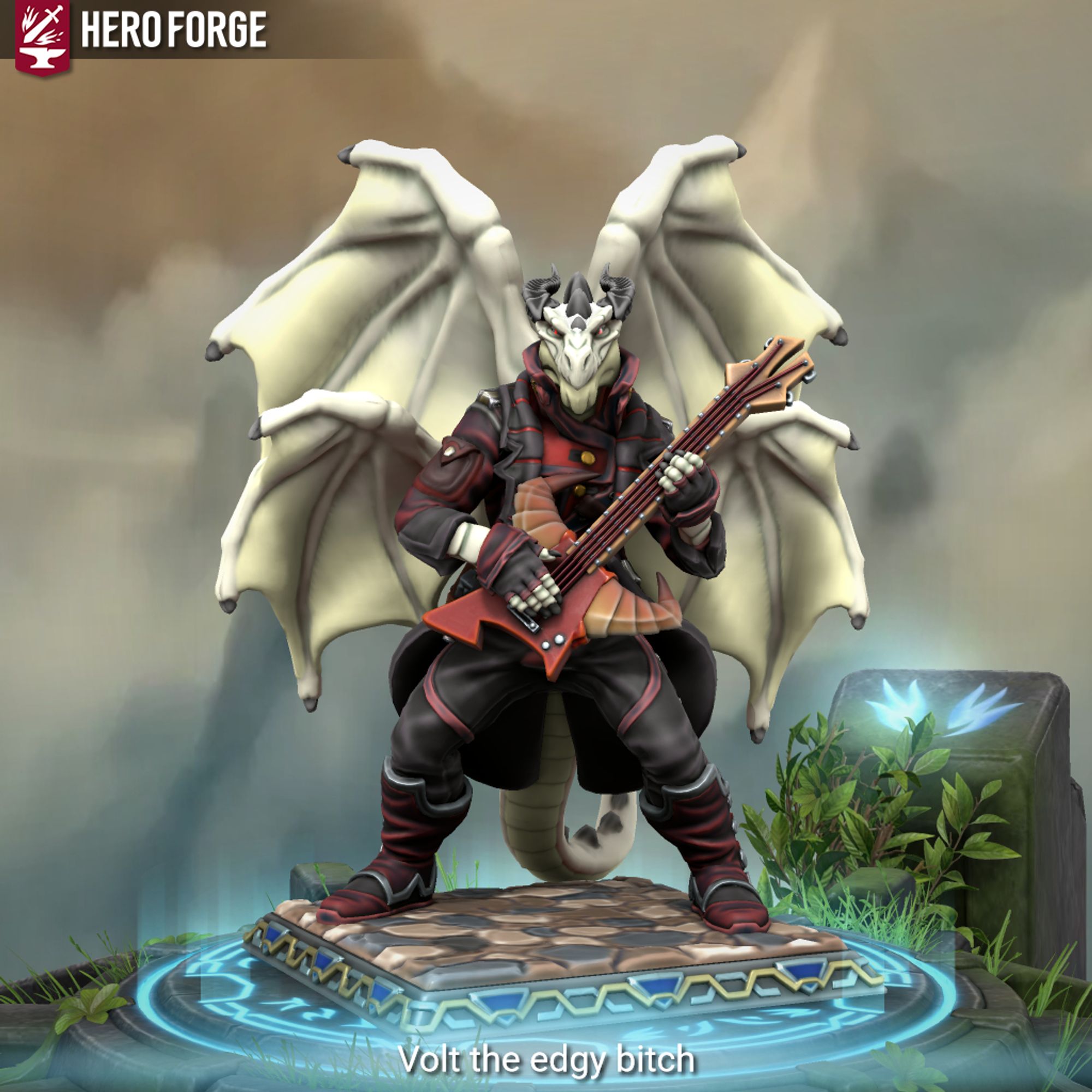 A Draconic Demon with white scales, four wings, and black horns playing the guitar.