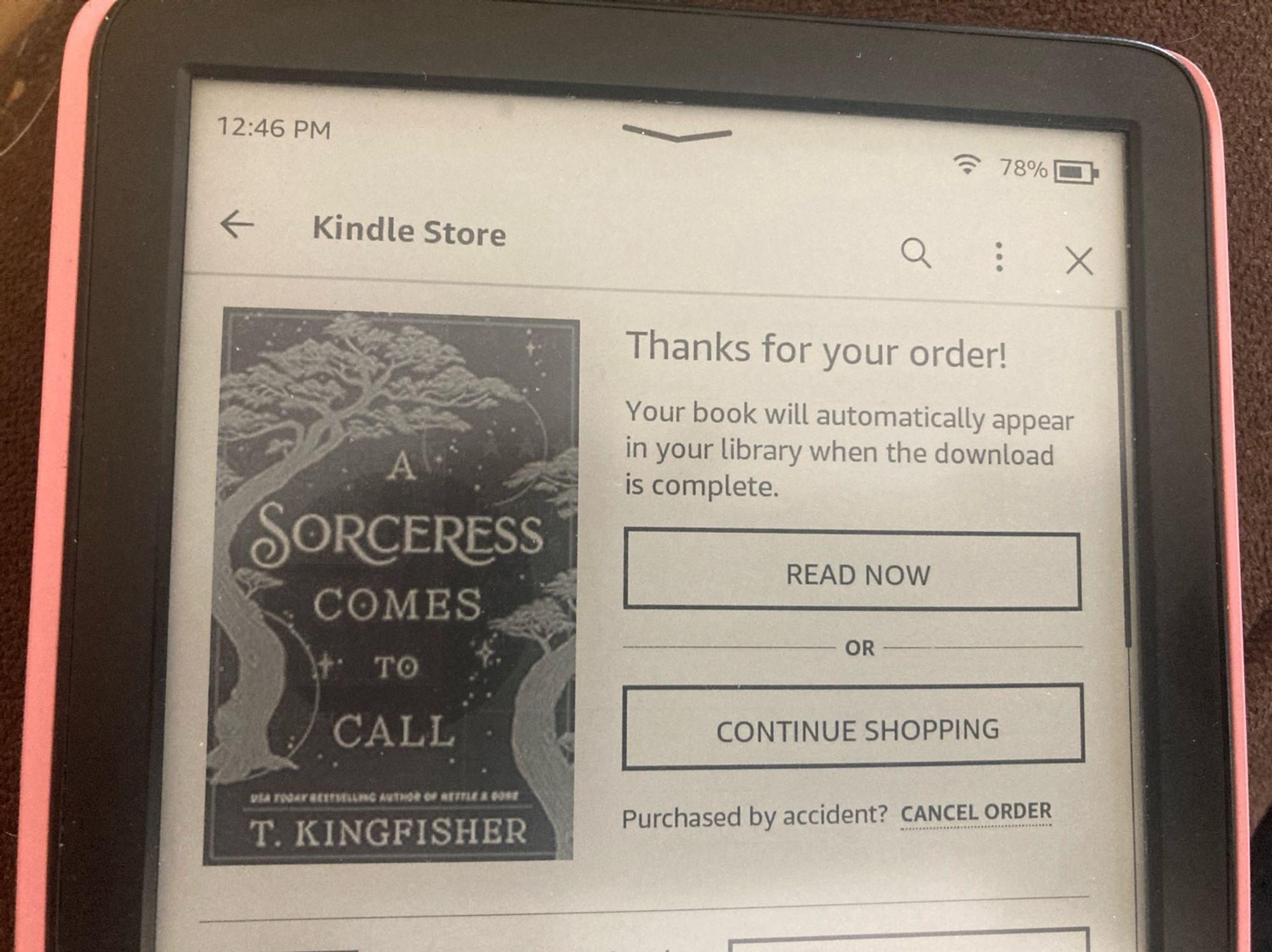 Picture of a completed order on a Kindle