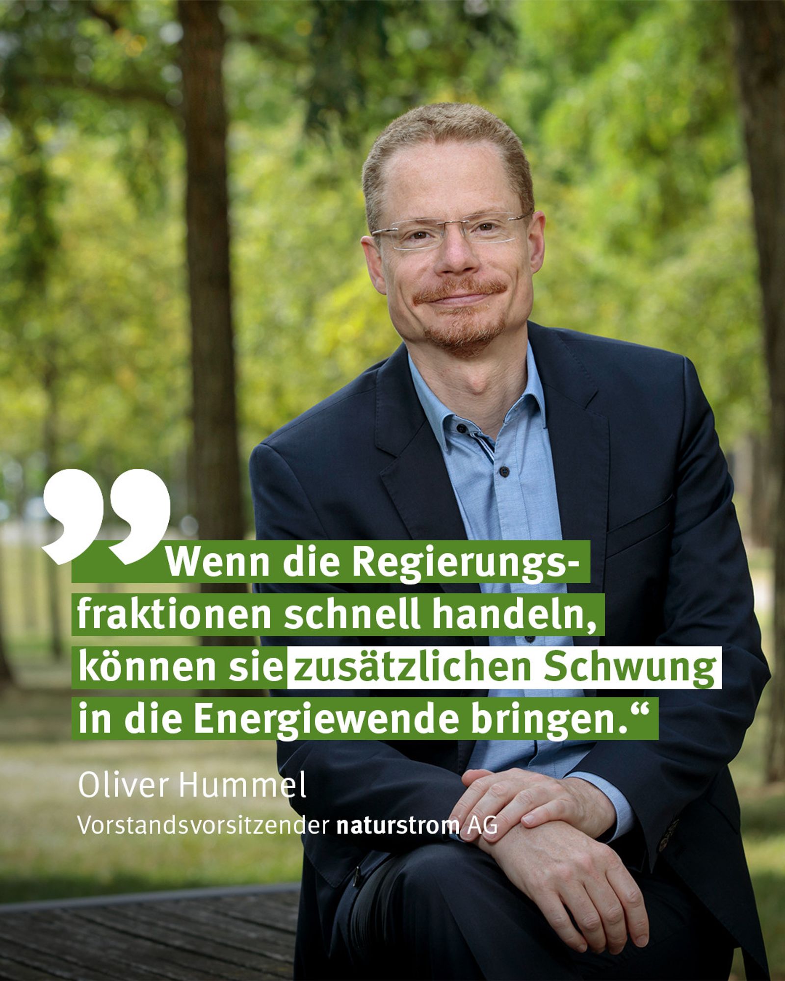 „Wenn die Regierungsfraktionen schnell handeln, können sie zusätzlichen Schwung in die Energiewende bringen.“ Zitat Oliver Hummel, Vorstandsvorsitzender der naturstrom AG zu den jüngsten Photovoltaik-Ausschreibungsergebnissen und diesbezüglichen Verbesserungsvorschlägen von naturstrom.