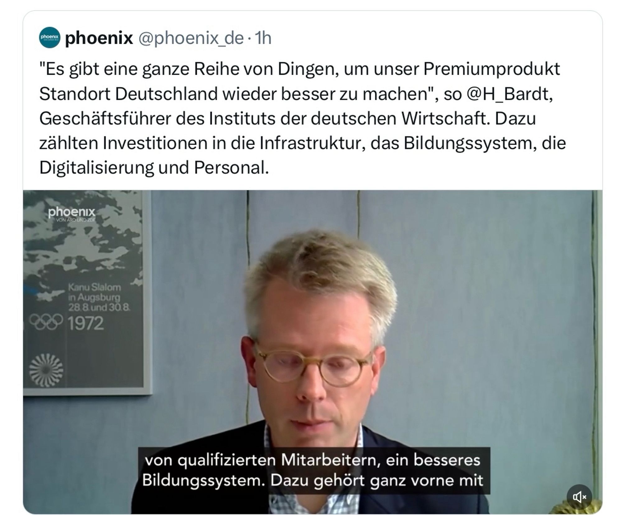 phoenix @phoenix_de
"Es gibt eine ganze Reihe von Dingen, um unser Premiumprodukt Standort Deutschland wieder besser zu machen", so @H_Bardt, Geschäftsführer des Instituts der deutschen Wirtschaft. Dazu zählten Investitionen in die Infrastruktur, das Bildungssystem, die Digitalisierung und Personal.