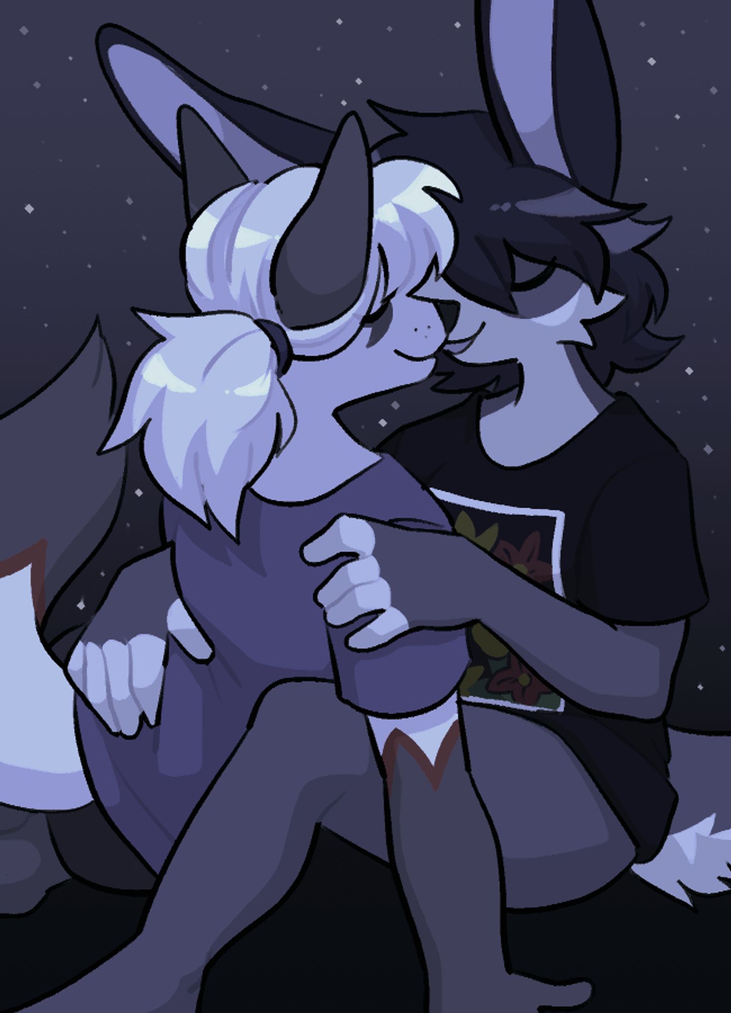 Paige kissing a marble fox named Taylor. They are positioned seated surrounded by stars in the dark.