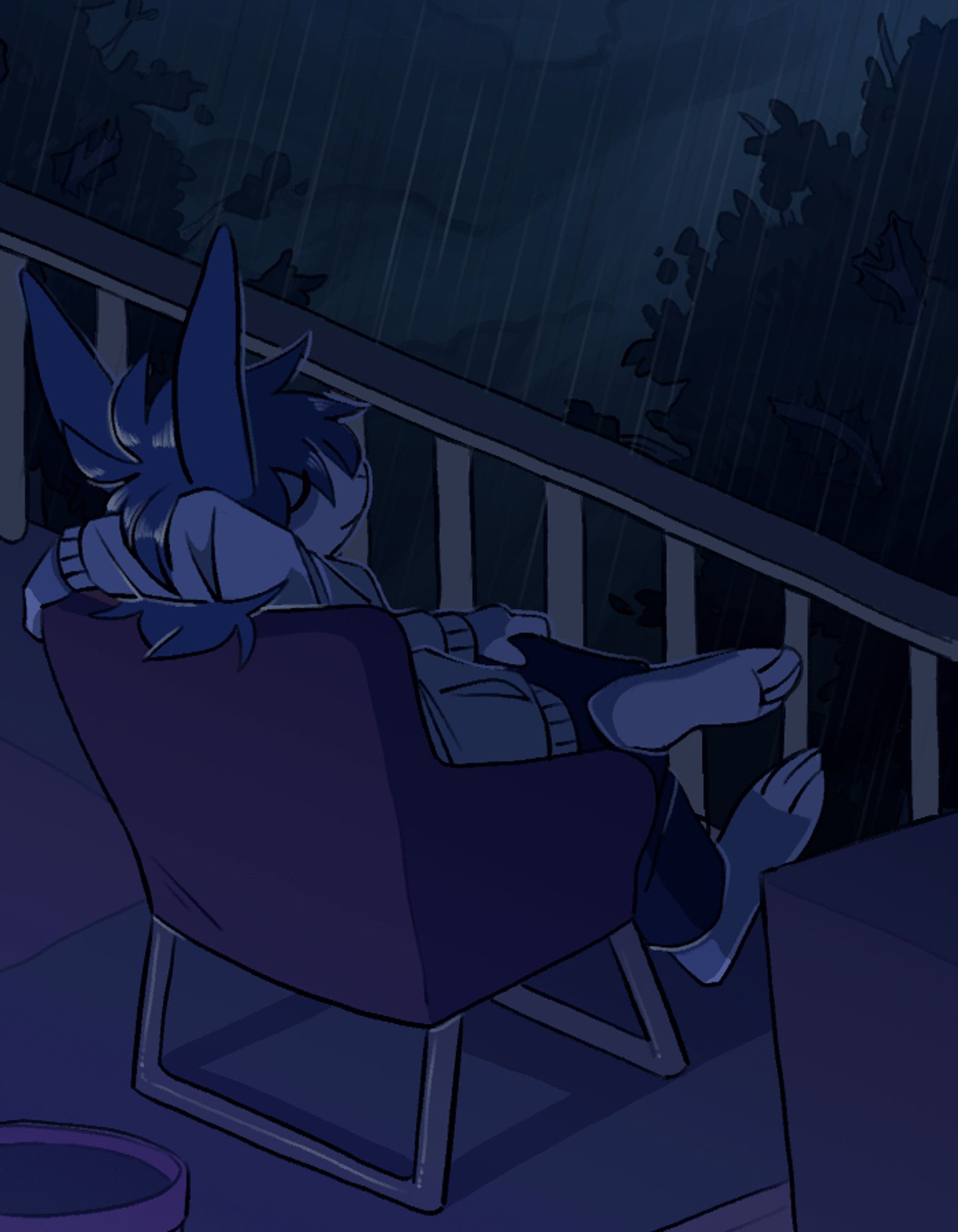 an anthro rabbit named Paige is reclining in a chair, eye closed with a smile outdoors on a porch while it rains.