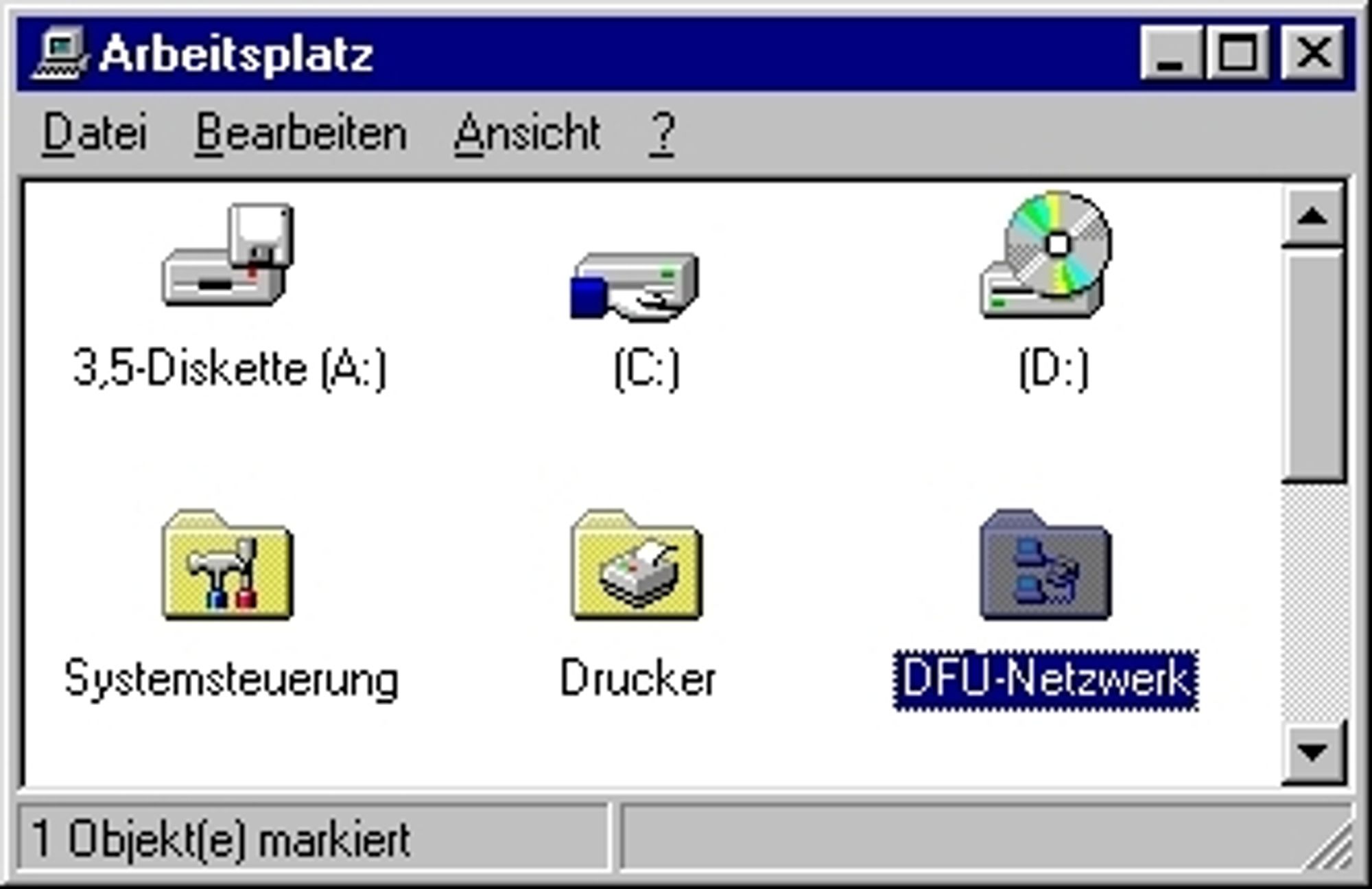 Screenshot eines Arbeitsplatzes mit u.a. 3,5-Diskette (A:), (C:), (D:), ... und DFÜ-Netzwerk