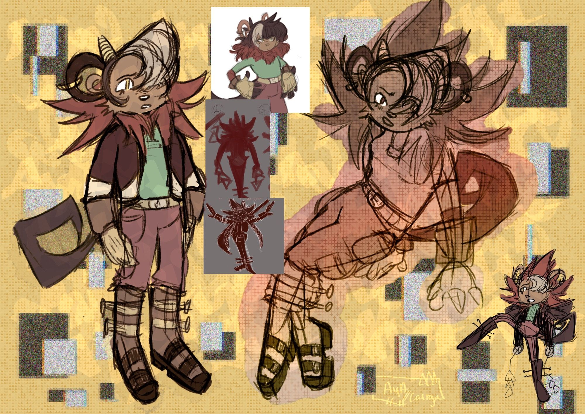 A doodle drop, slightly redesigning an old oc. The character, "Remi" is depicted standing on the left and levitating on the right. The colors used are warm and slightly muted; reminiscent colors of cinnamons, pale beige on the bangs, gold accents, muddy browns, a pale yellow green shirt, and mauve pants. The background is yellow and textured, raised black and white squares scattered with a noise filter on top.