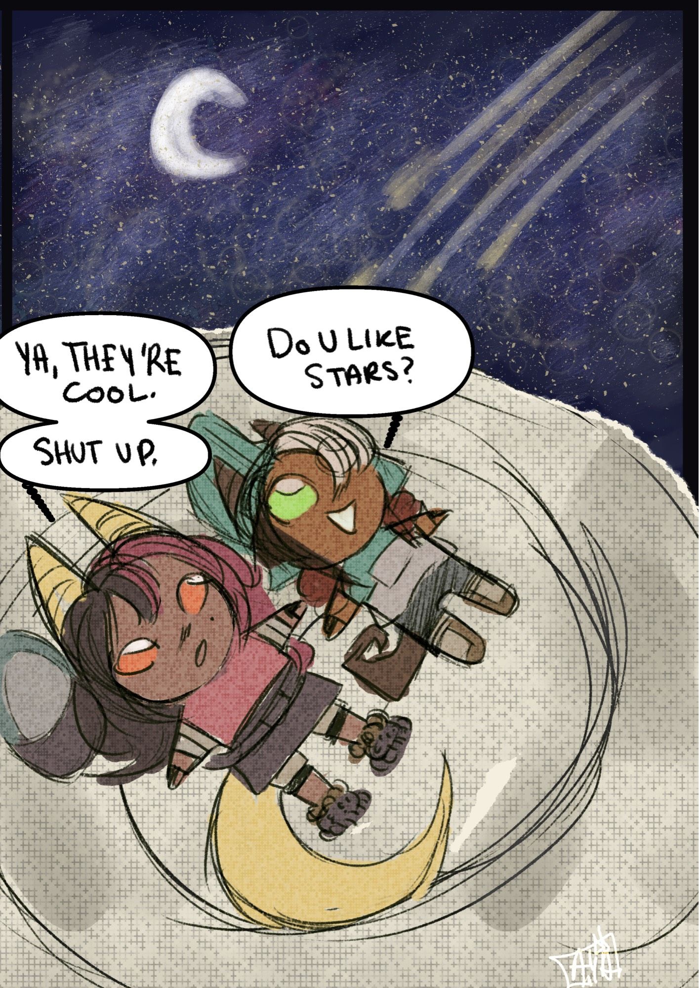 Redraw of the little two aliens looking up at the stars picture going around on the internet with my ocs, Remi (top and in teal) and Neo (bottom and in pink).

Text reads: “Do you like the stars?” “Yeah, they’re cool. Shut up.”