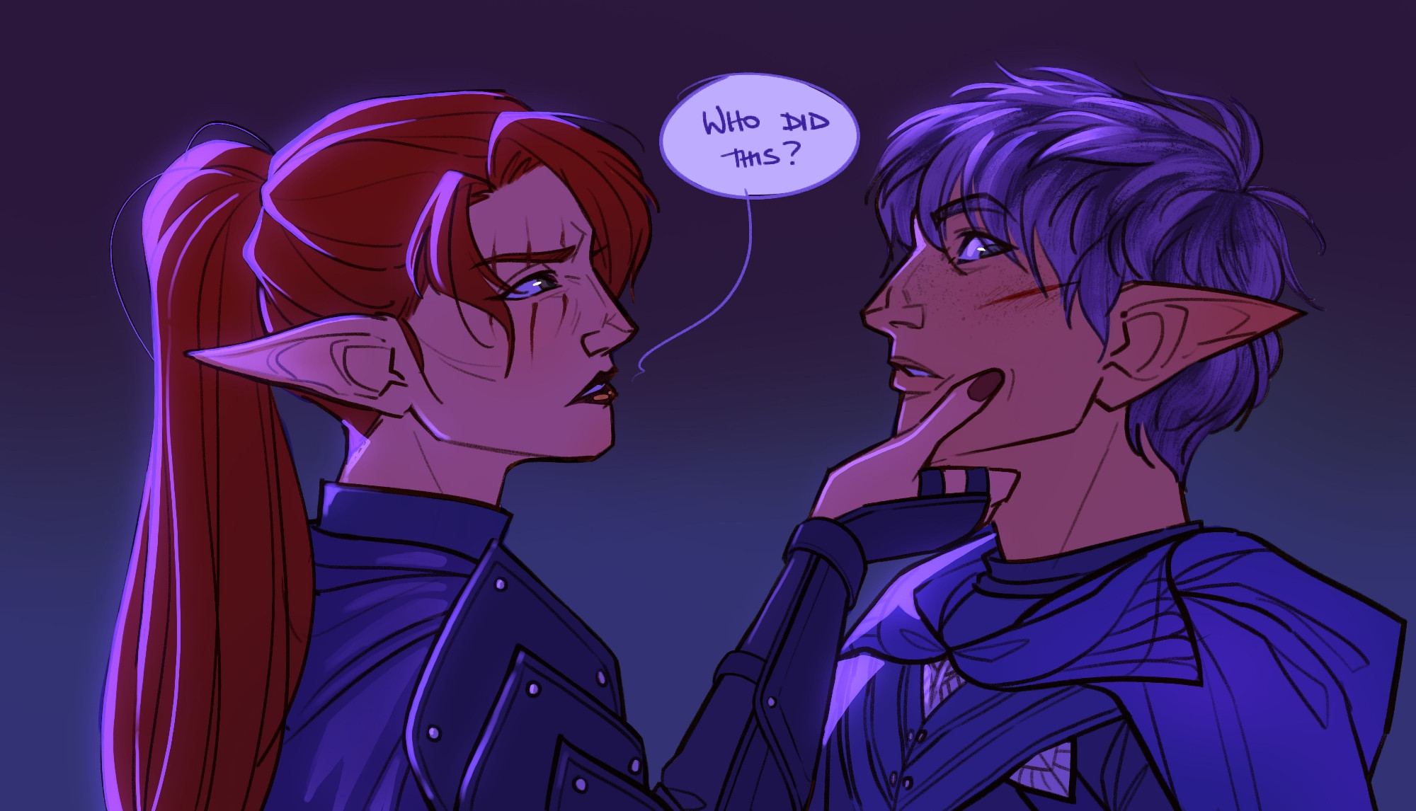 An art piece of two Dragon Age OCs. One the left, a femme elf with bright red hair pulled into a high ponytail. She had a scar from a claw across her right eye. She's holding onto the chin of an elven male, who has a fresh cut along his cheek. He has bright purple hair, a short fluffy haircut.
There's a text box of the red head asking "Who did this?"