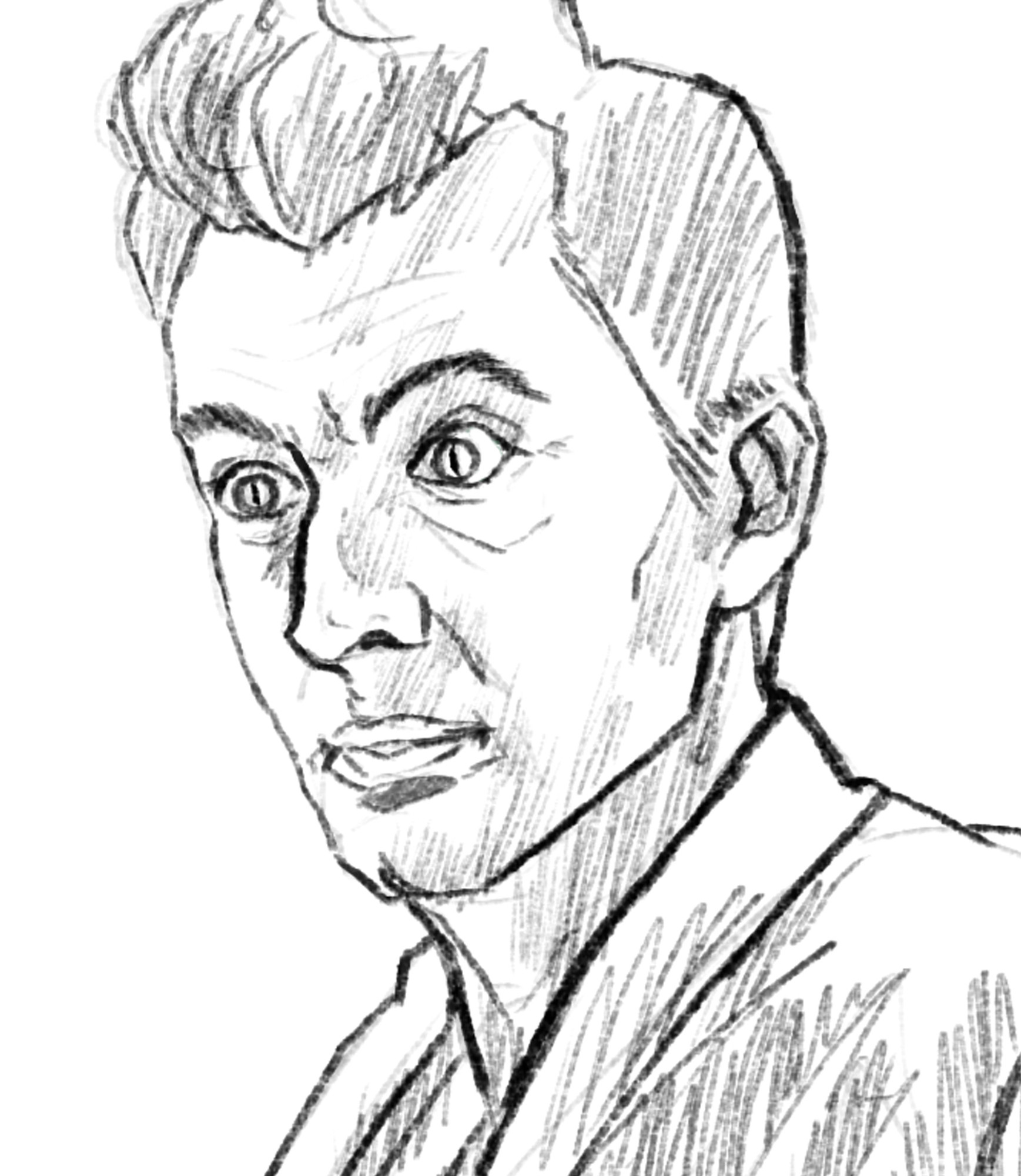 A digital black and white sketch of David Tennant as Crowley from Good Omens.