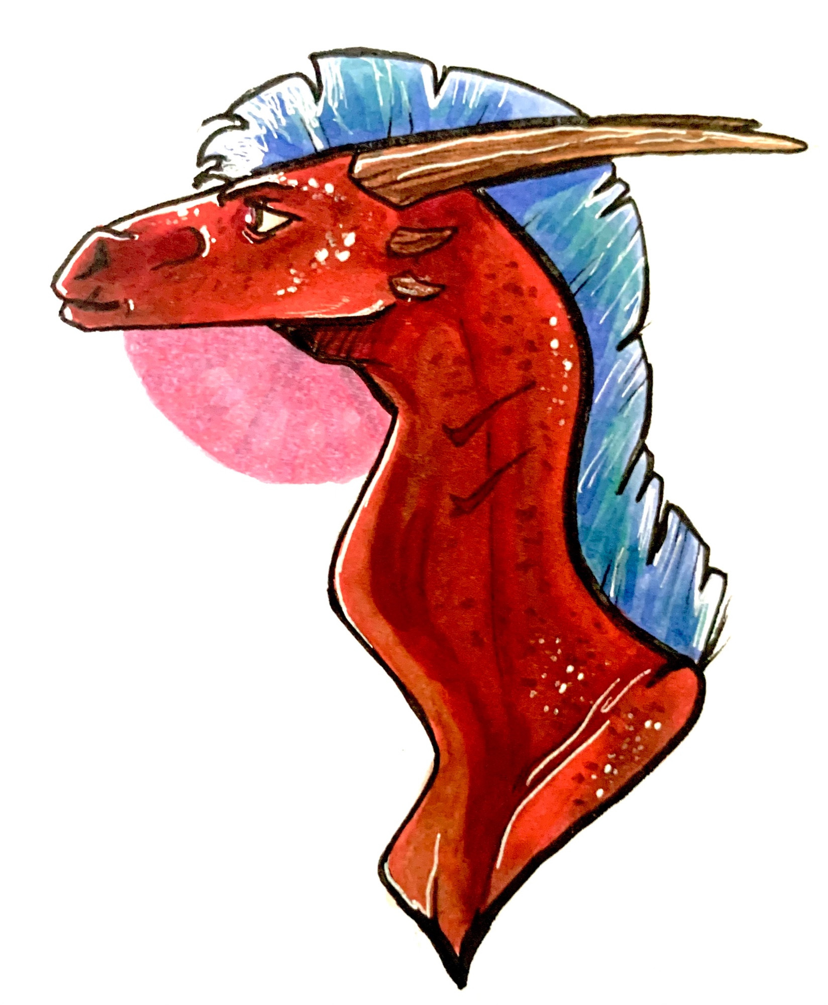 Colored drawing of a bust of a dragon. He’s a reddish-brown with two protruding horns. He has a blue, bristly mane. His expression is neutral.