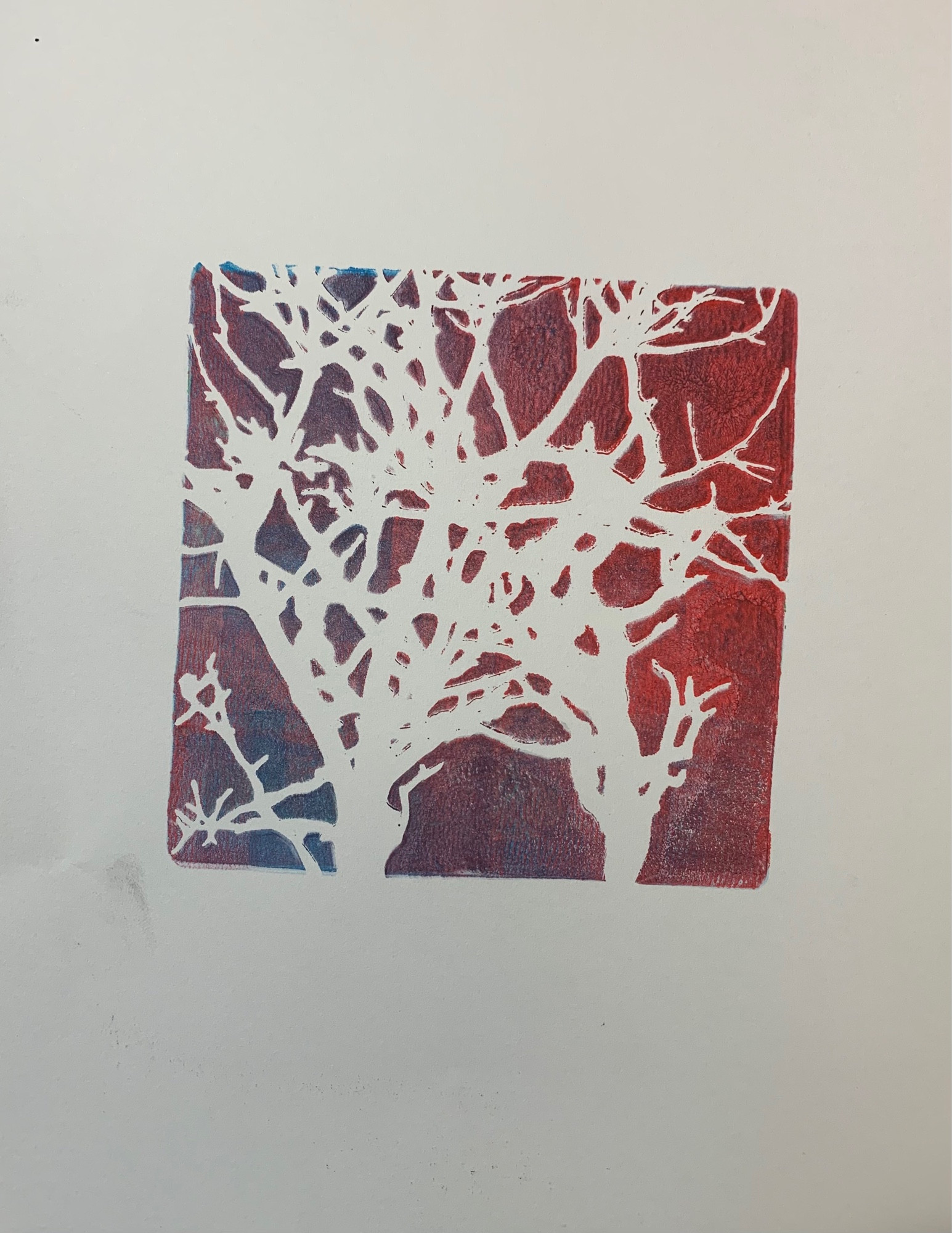 Red/purple/blue gradient background with a white tree branch pattern over the piece.