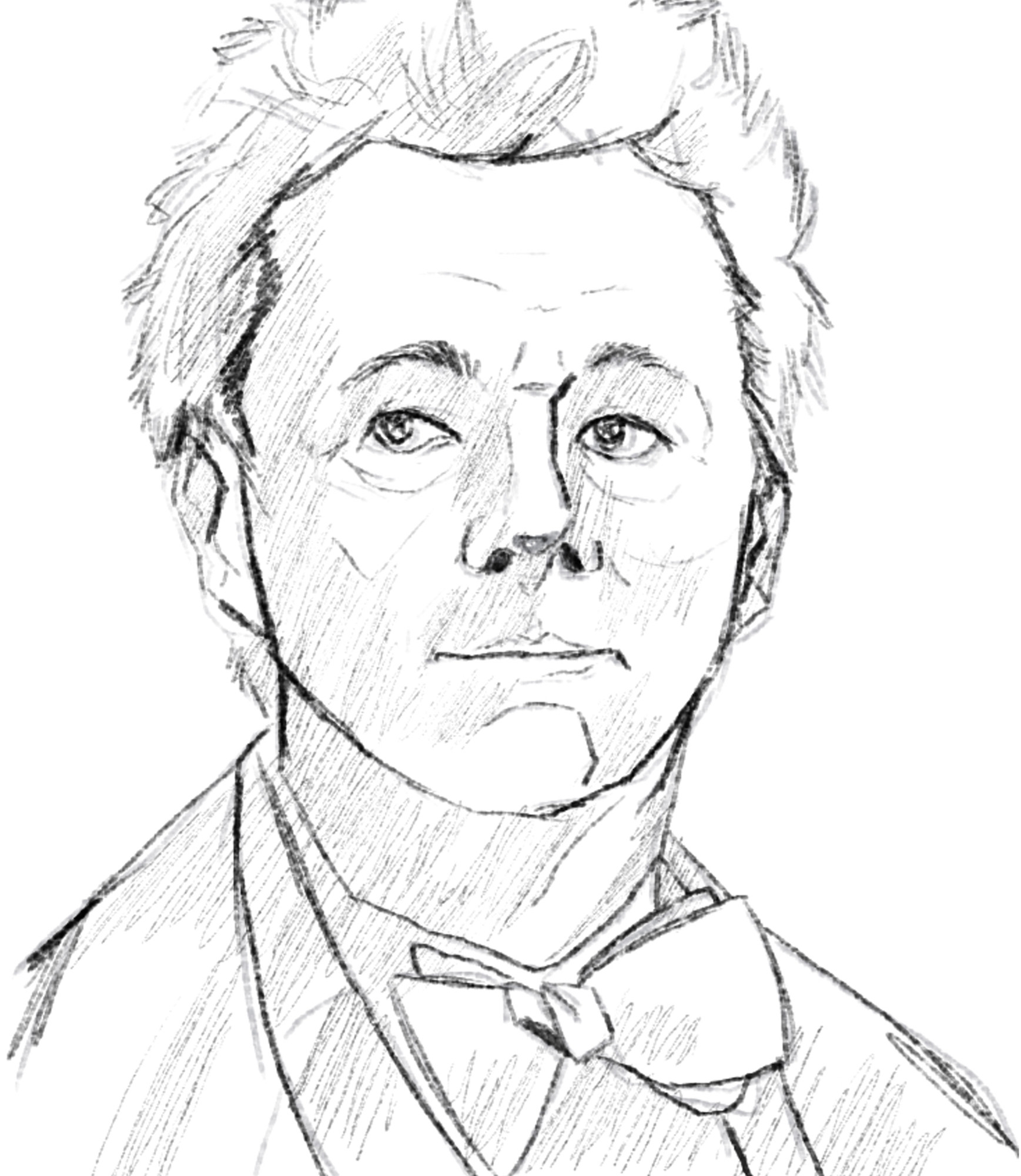 Black and white sketch of Aziraphale