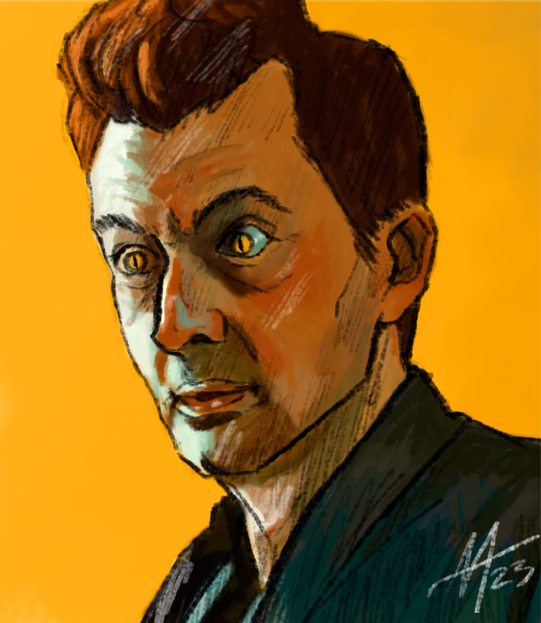 A colored digital sketch of Crowley from Good Omens.