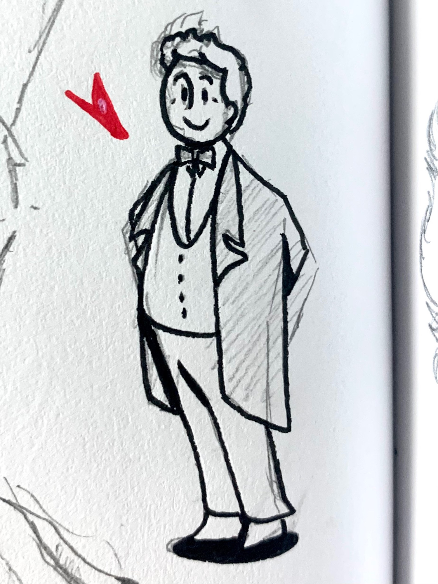 Doodle of Aziraphale, simplified, standing with his hands behind his back. He’s smiling.