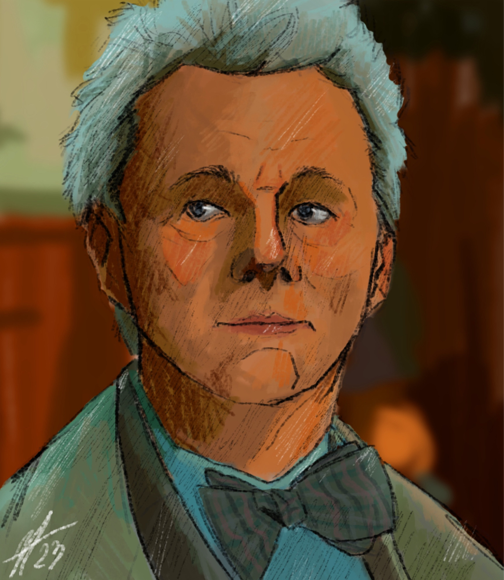 Sketchy colored image of Aziraphale.