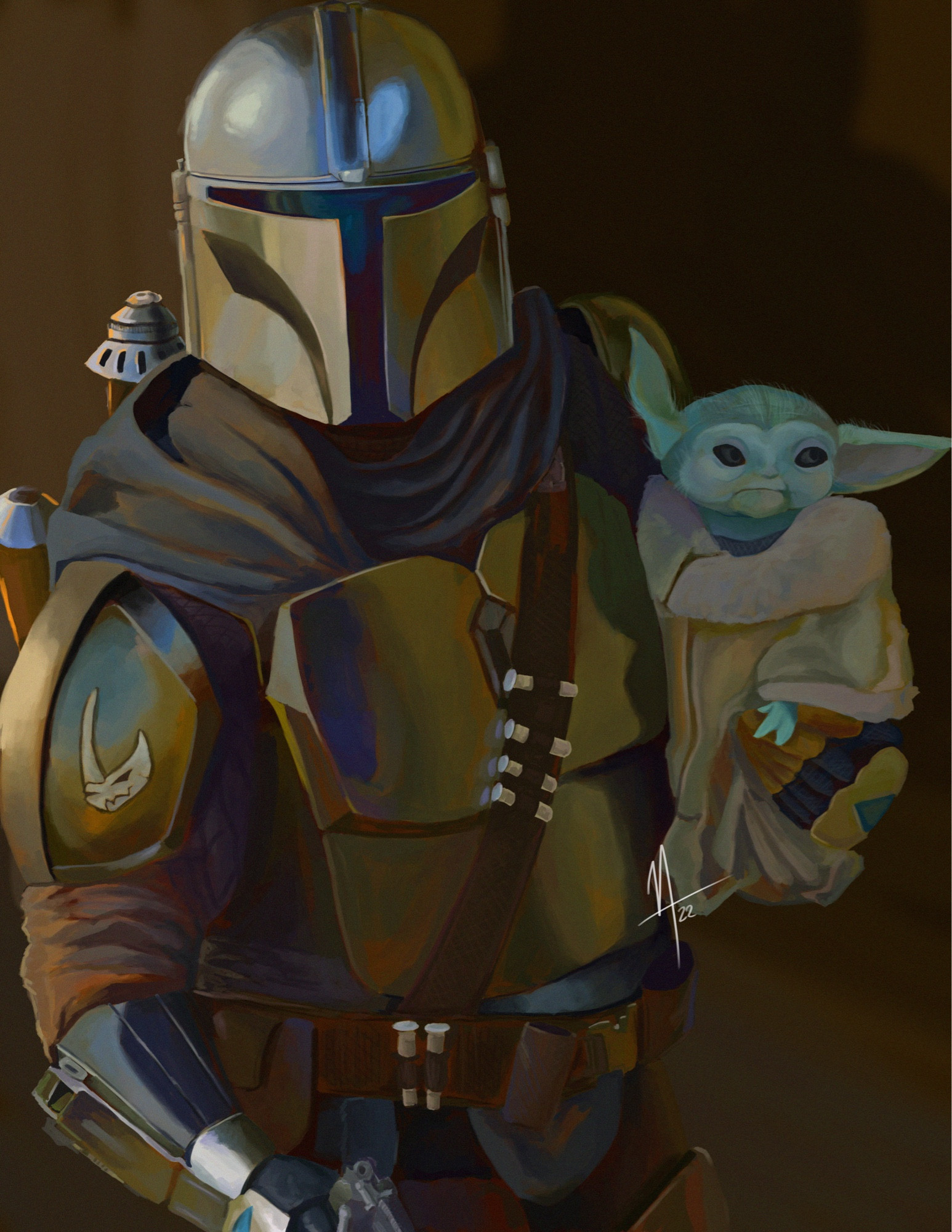 A digital painting of Din Djarin as the Mandalorian, holding baby Grogu on his hip.