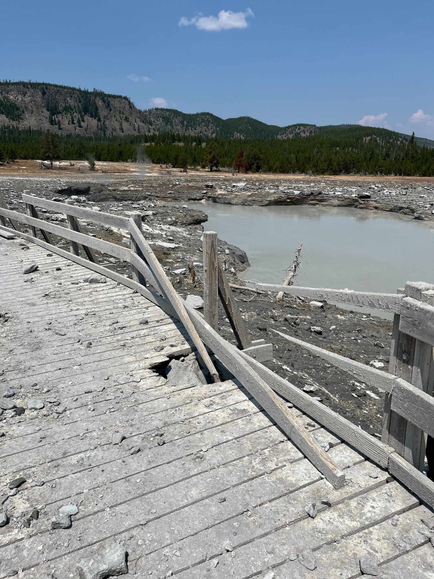 Photo of broken wooden railing in front of muddy pool. There's a hole in the boardwalk, and you can just barely make out the rock that did it.