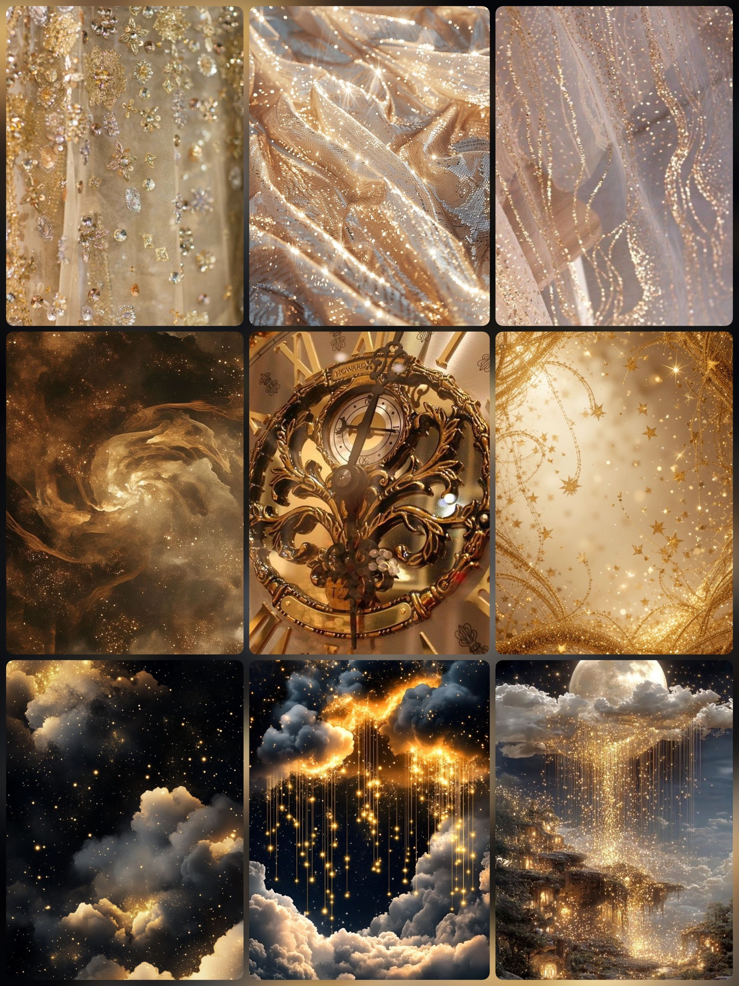 A nine photo collage with an theme of gold and stars. The first three photos in the top row are of gold, shimmery fabrics with stars and sparkles. The next photo in the second row is of a spinning galaxy like water color painting with a bright center and cloudy swirls around it. The photo is a very close picture of a clock face/watch face with intricate and ornate gold fixtures. The next photo is gold stars like ona  shimmer fabric. 
The last  three photos are darker night skies with clouds and golden shimmery stars falling down