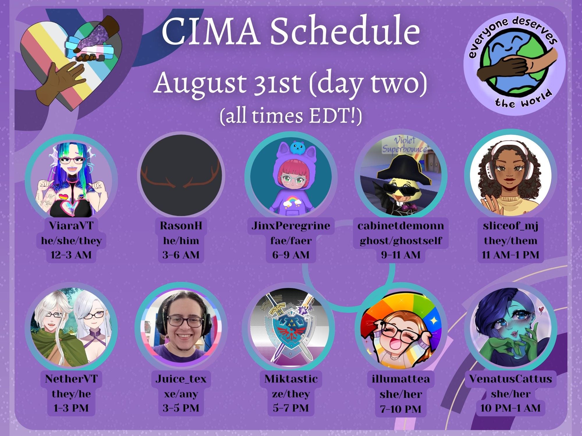 Day Two Description:
A graphic in various shades of purple advertising a mutual aid event. The CIMA logo (a rainbow heart with two hands reaching for each other) and the EDTW logo (the earth drawn with two people holding hands overtop) are displayed. Text reads:
CIMA Schedule, August 31st (day two)
(all times EDT!)
ViaraVT, he/she/they, 12-3 AM
RasonH, he/him, 3-6 AM
JinxPeregrine, fae/faer, 6-9 AM
cabinetdemonn, ghost/ghostself, 9-11 AM
sliceof_mj, they/them, 11 AM-1 PM
NetherVT, they/he, 1-3 PM
Juice_tex, xe/any, 3-5 PM
Miktastic, ze/they, 5-7 PM
Illumattea, she/her, 7-10 PM
VenatusCattus, she/her, 10 PM-1 AM