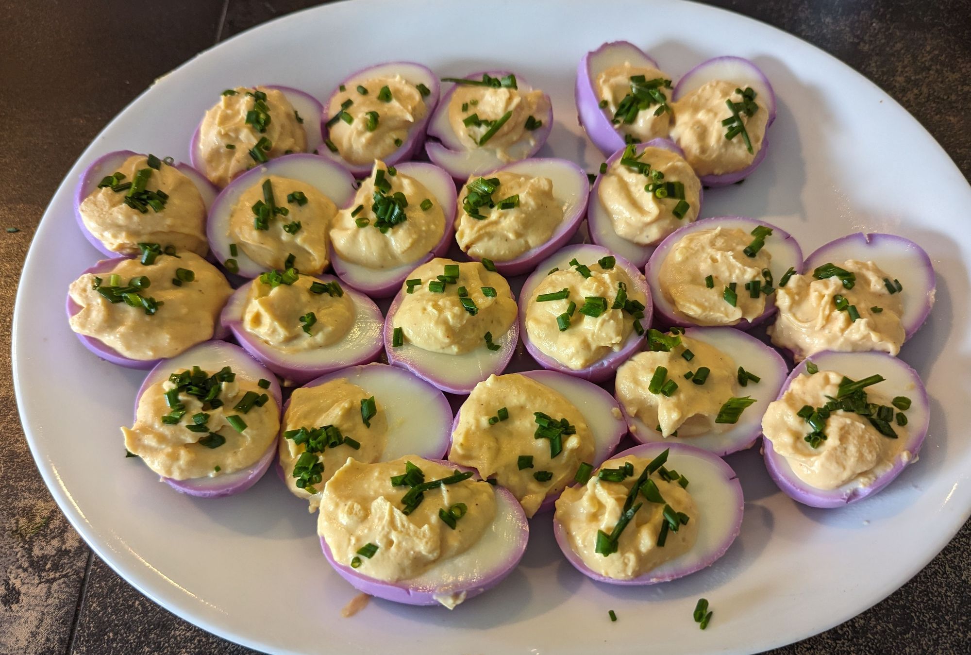 Mardi Gras colored deviled eggs