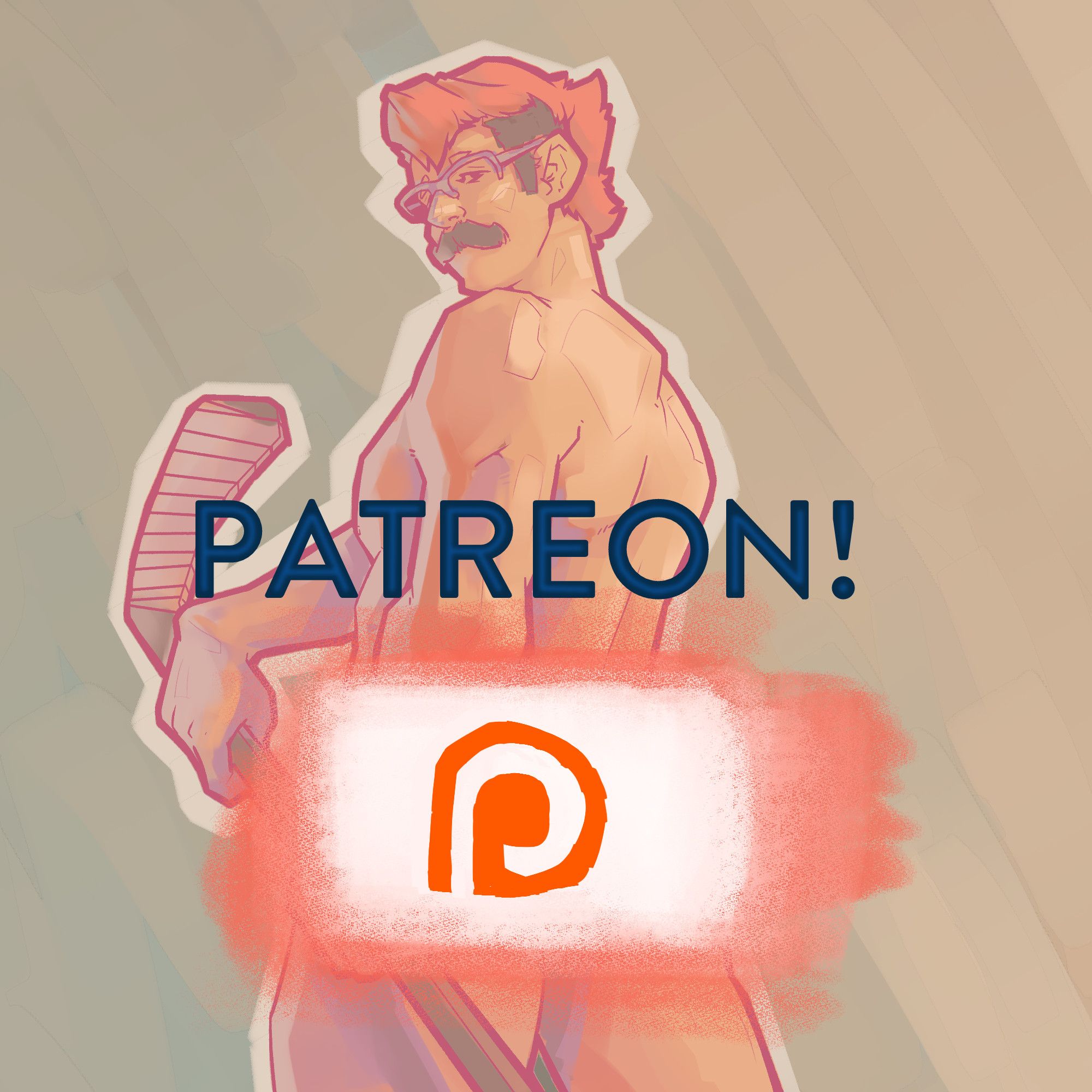 A digital painting of a man holding a hockey stick with a patreon logo over his butt. Also he's holding a hockey stick and naked. OOOOHHHHH it has NSFW art! ooohhhhh.