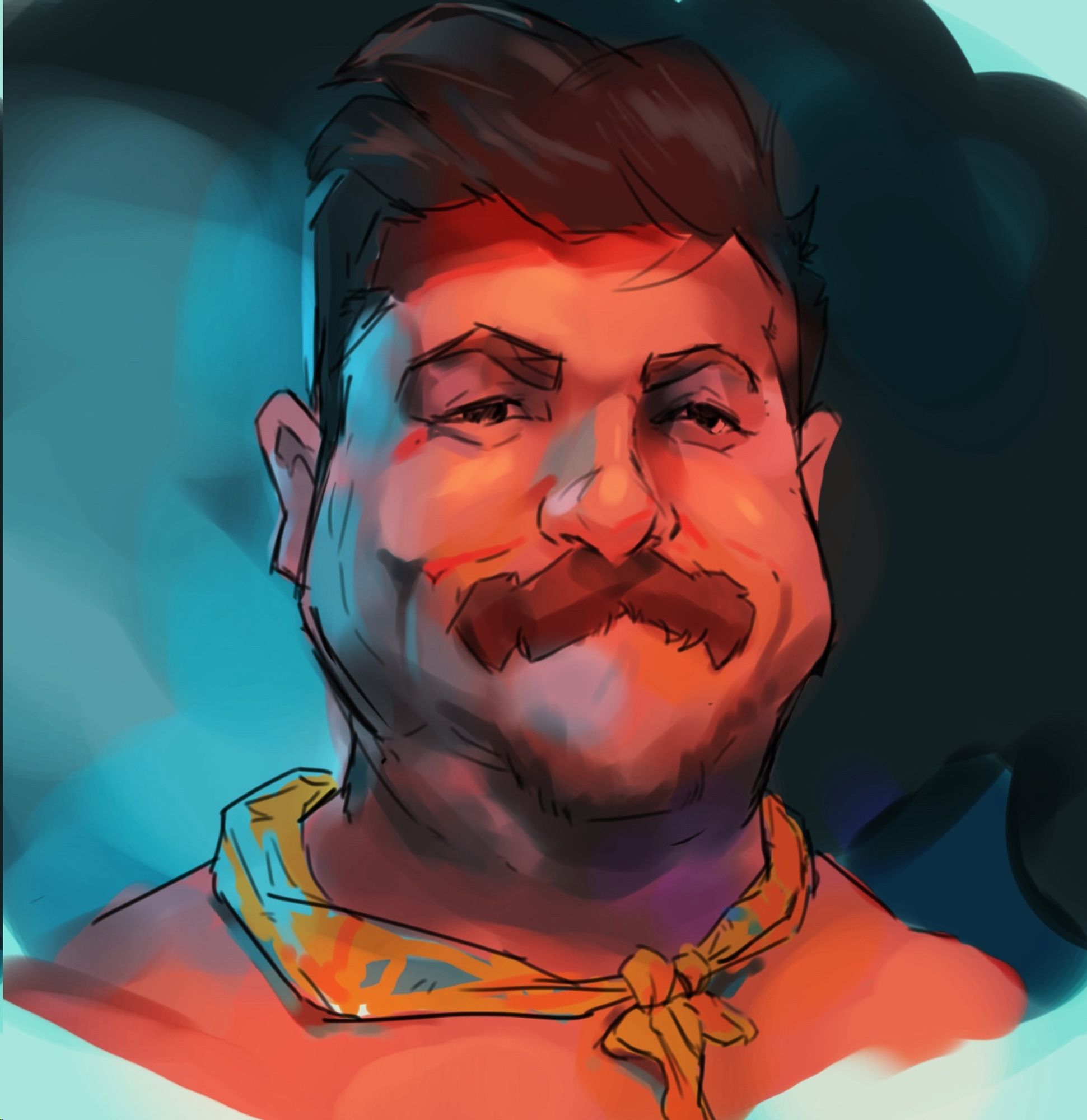 Digital painting of a handsome man with a mustache! Very high chroma and messy rendering.