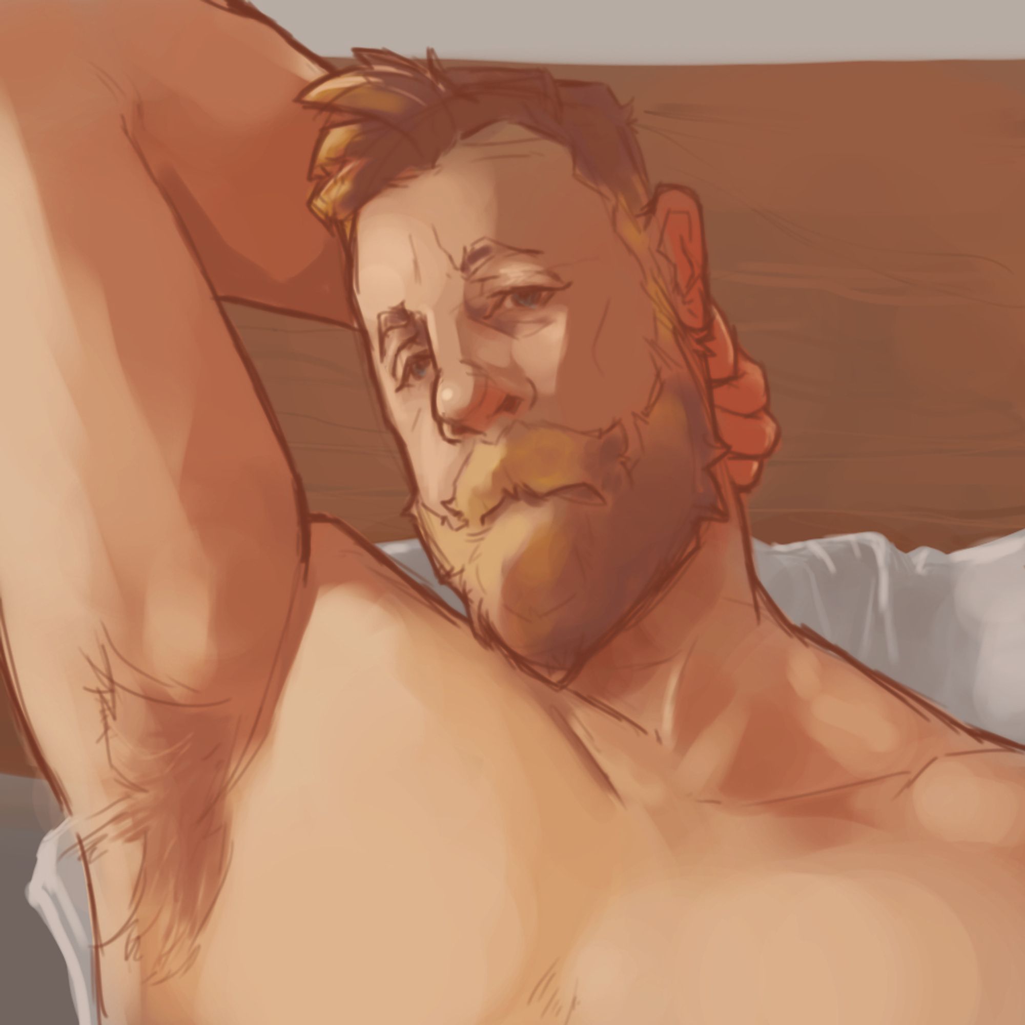 Painting of your pal, Worrier. Mediocre painting of an attractive man with a blond beard with his hand behind his back lying on a bed. Forgive me. I'm horny and still practicing the basics of digital painting.