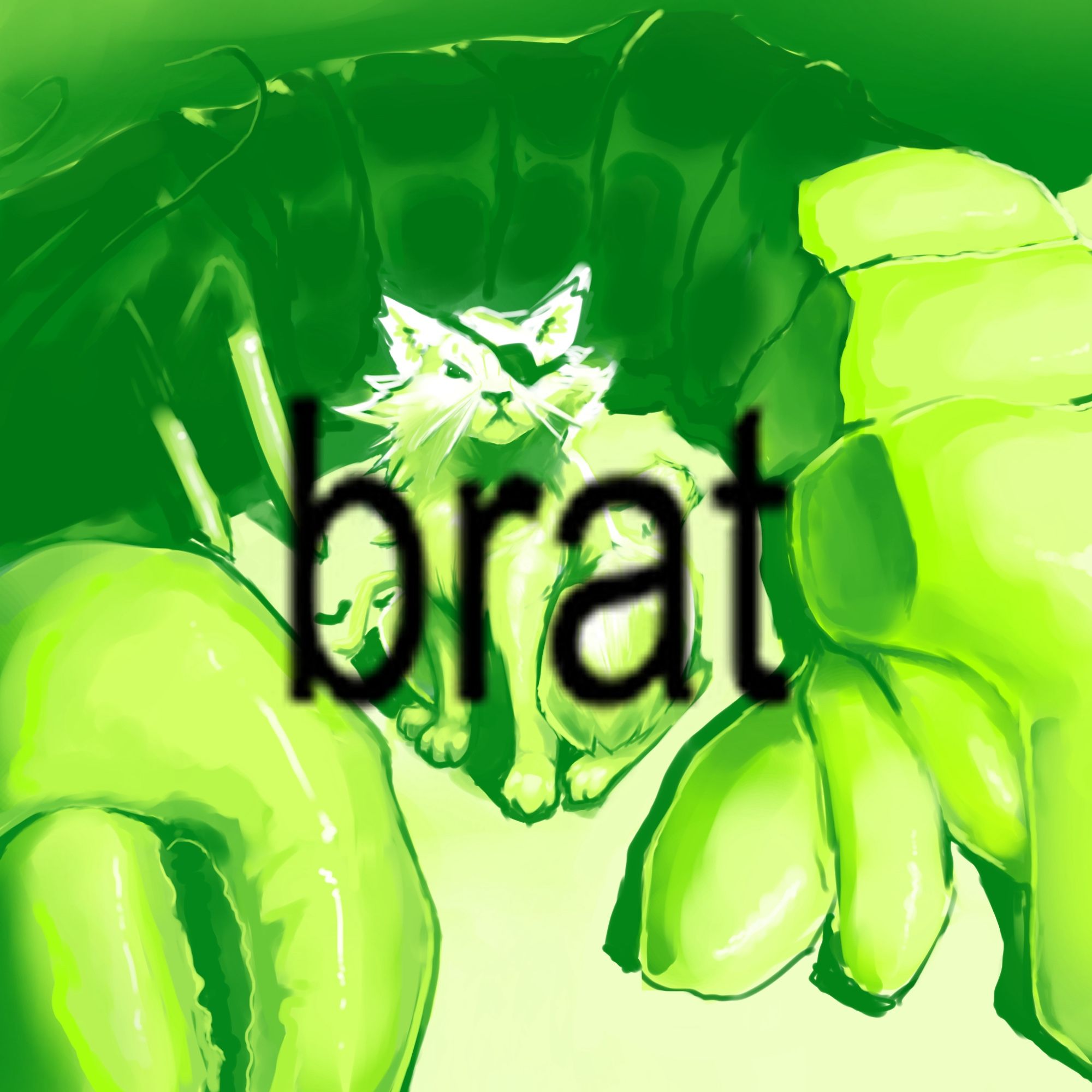 Painting of a cat with an eyepatch and a lobster in like green and the words brat are written on it in the brat font in a reference to Charli XCX