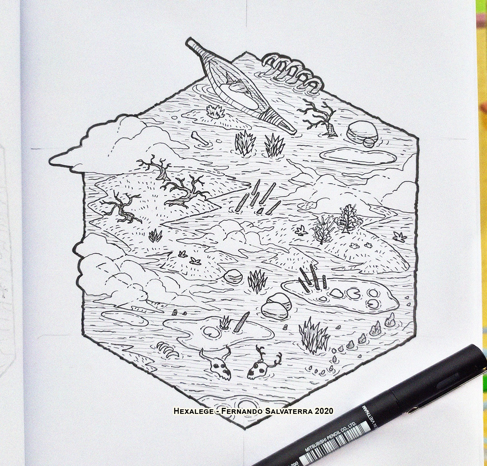 sketchook page photo with the black and white drawing of a swamp with a broken canoe, some dead twigs, puddles with water lilies, rocks, mist and different types of bones, all inside a hexagonal frame.