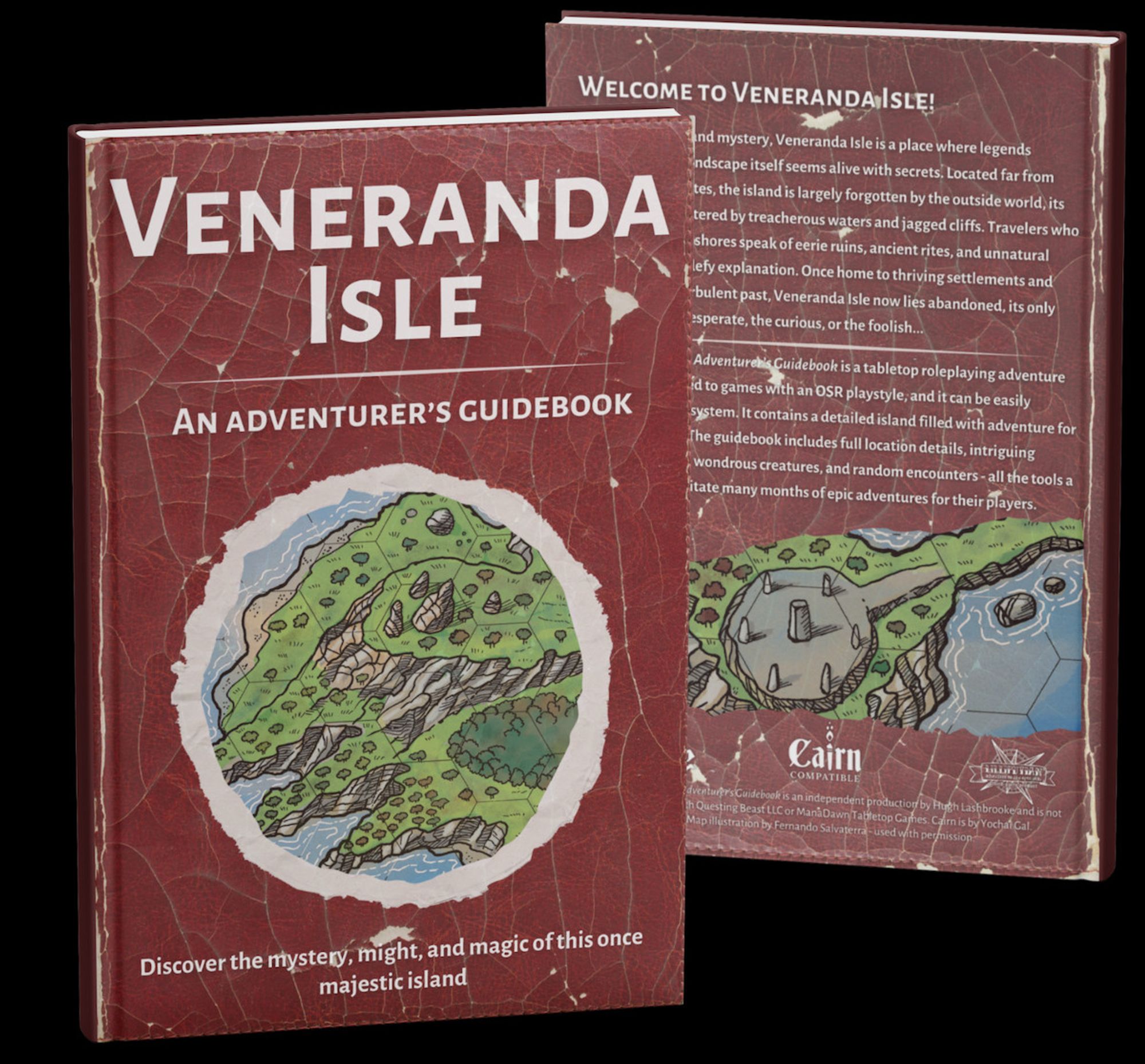 cover of a book called "veneranda isle - an adventurer's guidebook". the book is red, simulating old cracked leather and has the illustration of a green island with many rocks and cliffs and a standing stone circle.