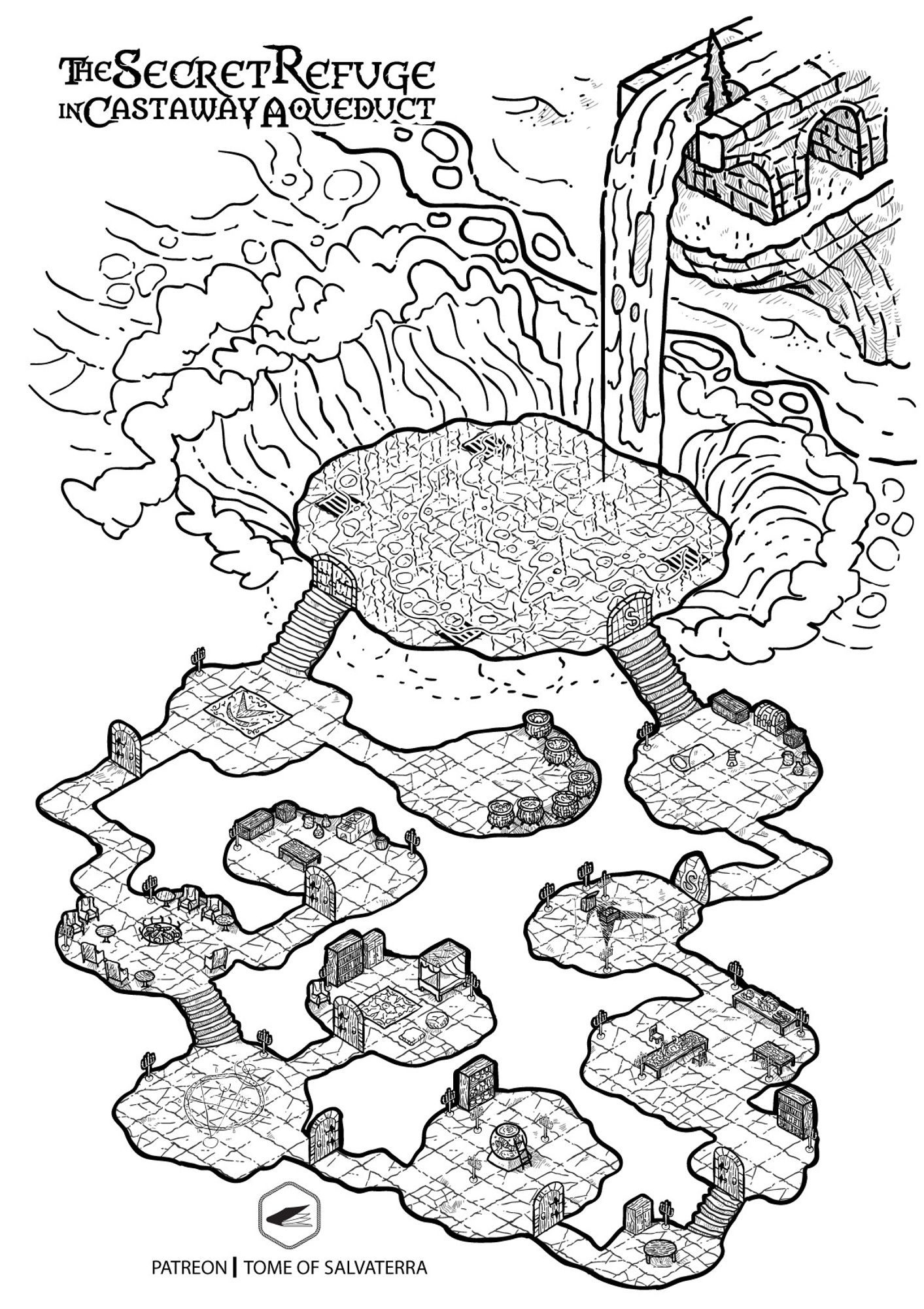 a black and white isometric map depicting a secret magic dungeon hidden beneath the water in Castaway Aqueduct, revealed by waterfal being poured trhough the ruined aqueduct. the dungeon has accomodations for a wizard or some other kind of magic user, with a spell study room, some ritual rooms, an alchemy lab, kitchen, bedroom, a meeting hall a escape route.