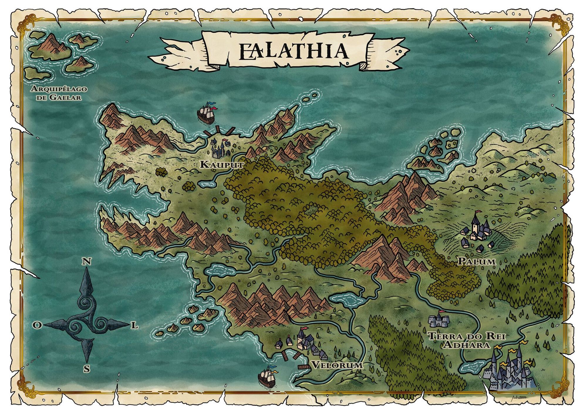 a hand-drawn map that depicts a peninsula in the shape of a wolf's head with open mouth. There are mountain ranges, forests, rivers, hills, grasslands, islands and cities. The map is titled "Ealathia".