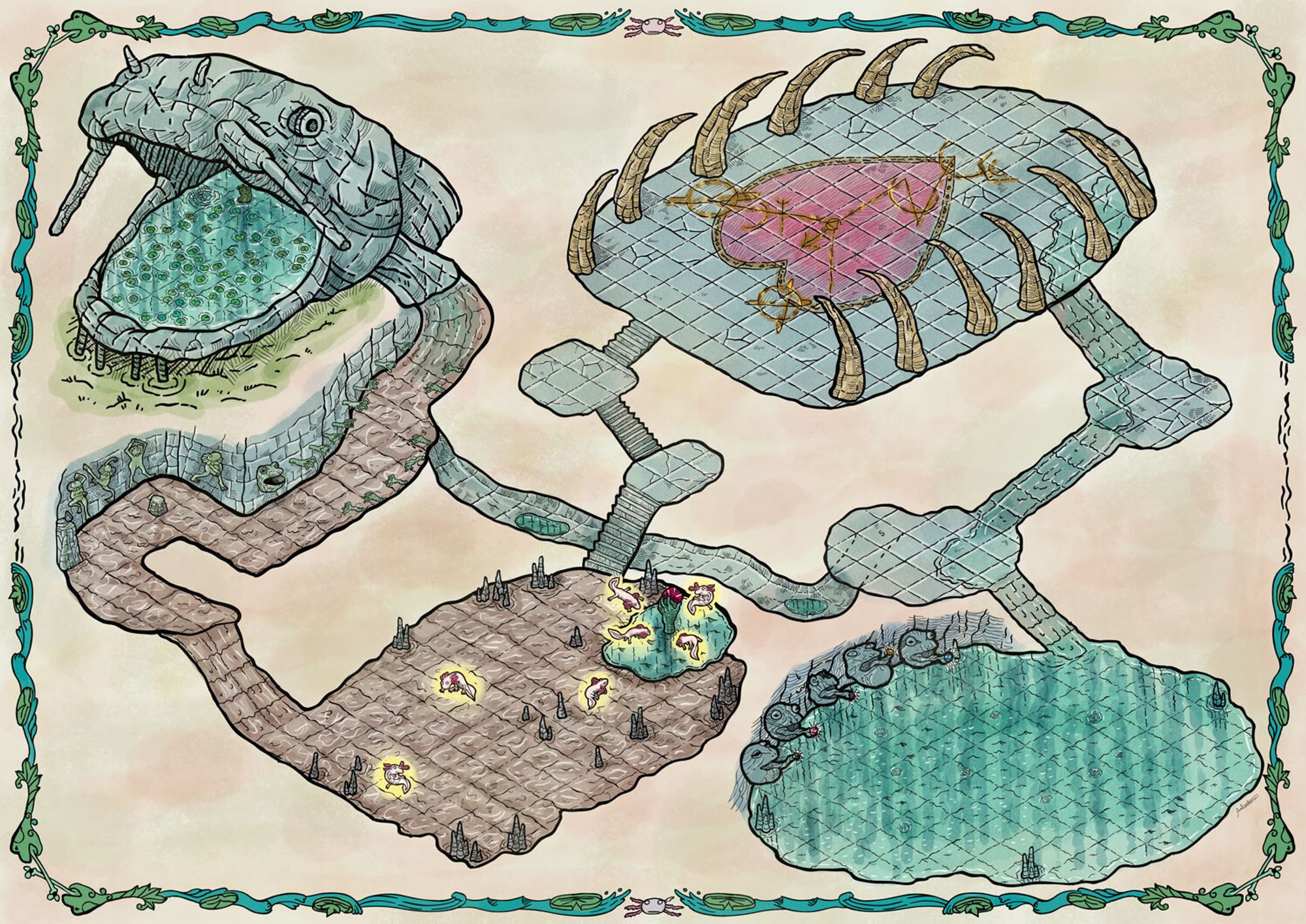 isometric map depicting a dungeon in the shape of the entrails of a mudfish.