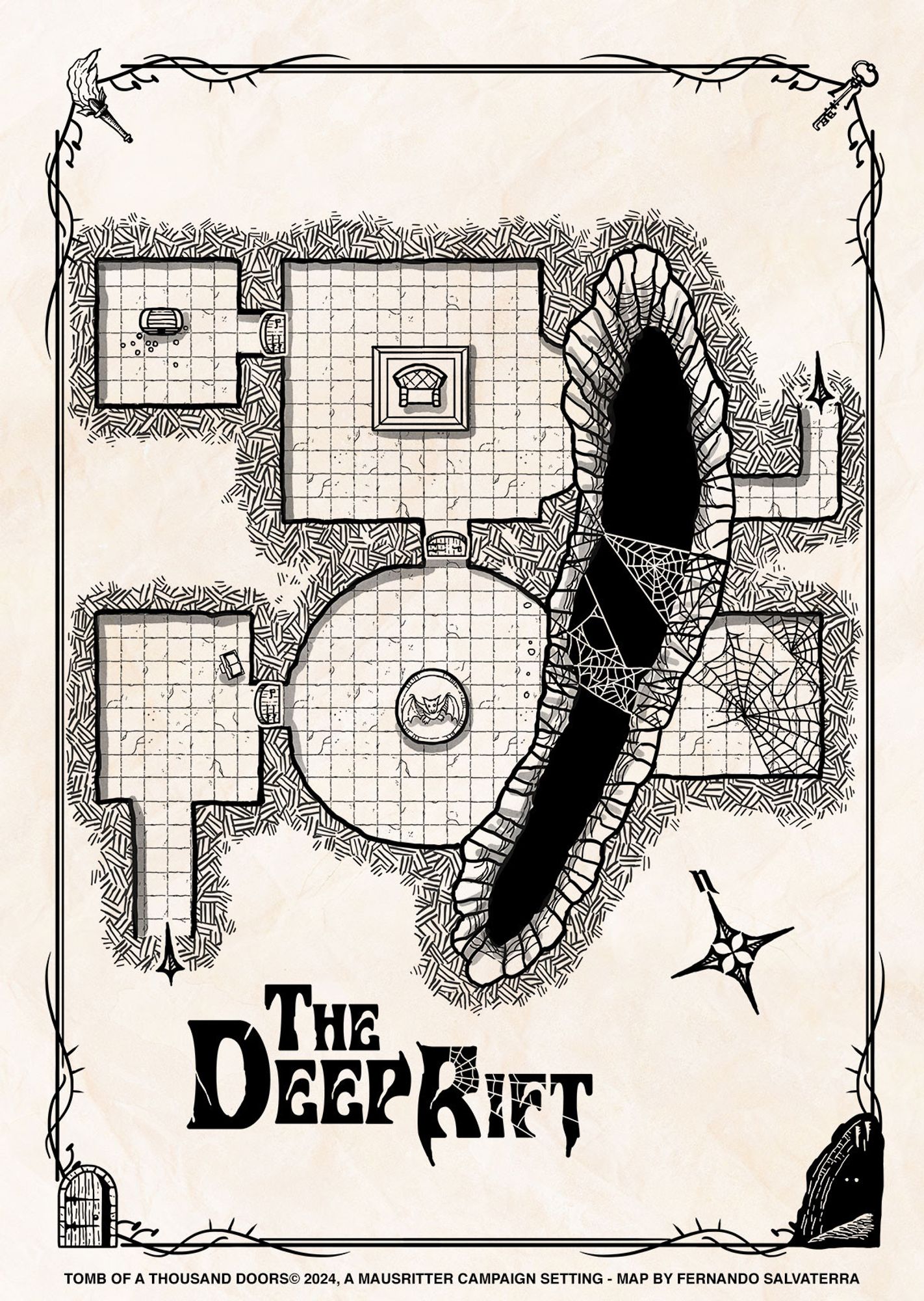 a black and white dungeon map depicting a gallery with 5 rooms torn apart by a big rift with a seemingly bottomless pit, crossed by spider webs.