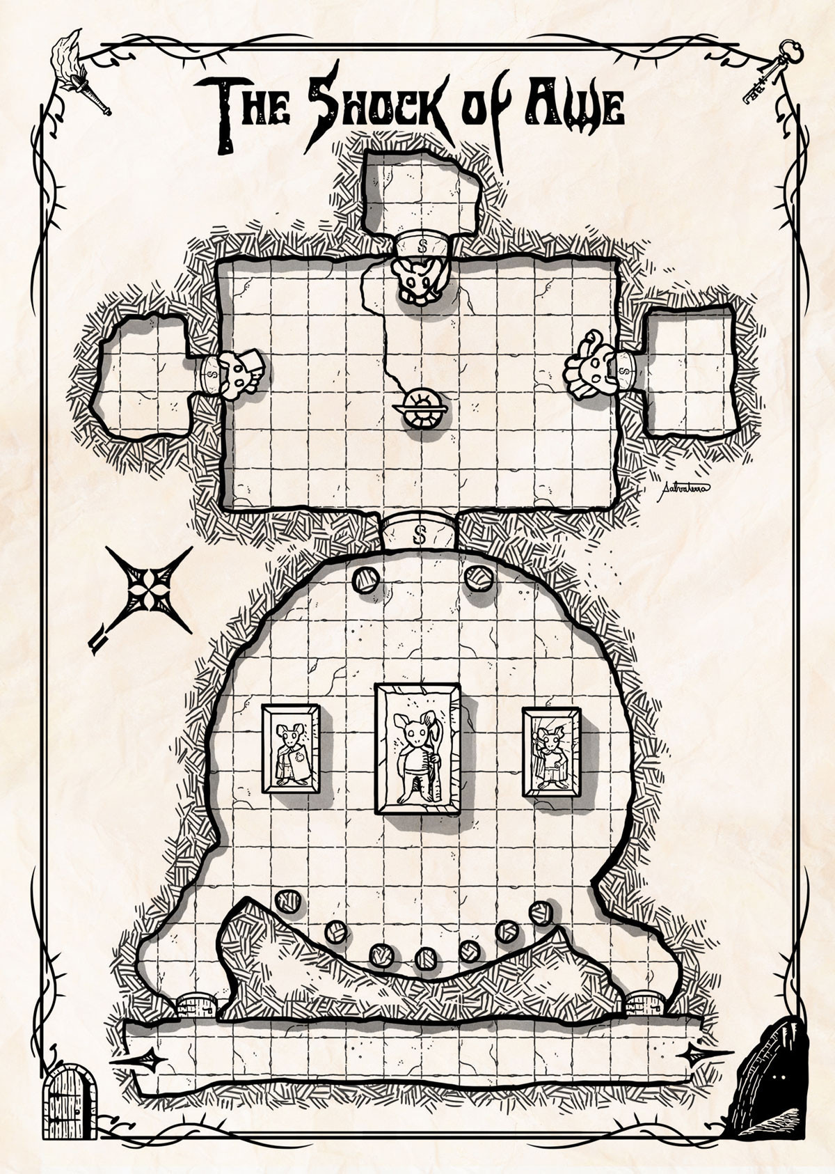 black-and-white dungeon map with two main rooms, one of which is behind a secret door, with three more secret rooms behind statues. there are three sarcophagi in the main room.