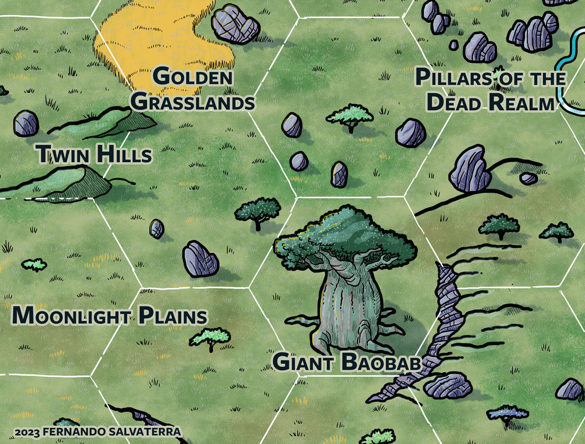 map fragment depicting a giant baobab on a grassy plain with some hills, trees and plenty of rocks.