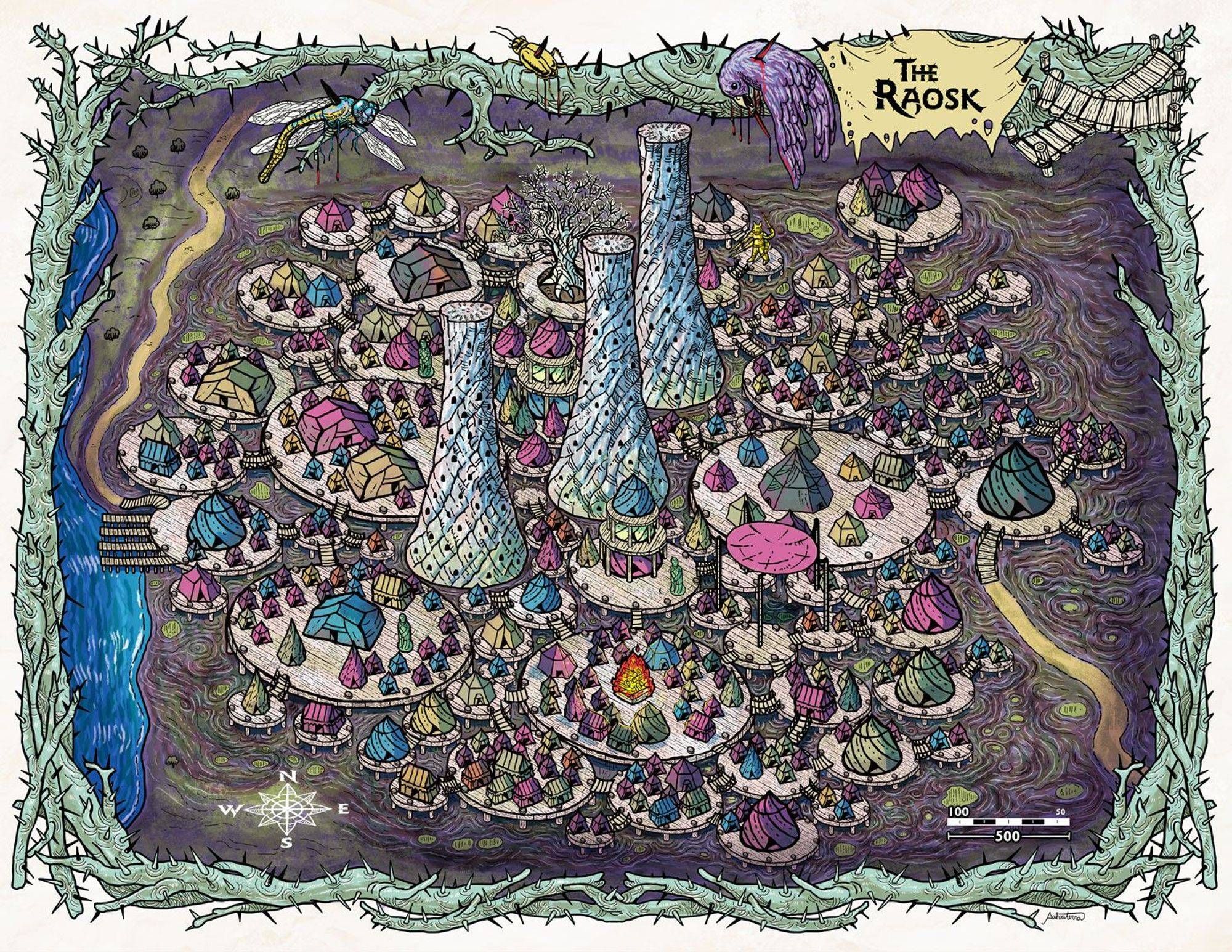 map illustration depicting a strange city on a swamp, built on tents above circular wood platforms around three giant, funnel-like towers full of caves and bodies resting on the flat tops to be cleaned by birds. There's a large tree full of thorns, which also decors the illustrated border with a bird and insects impaled on its thorns.