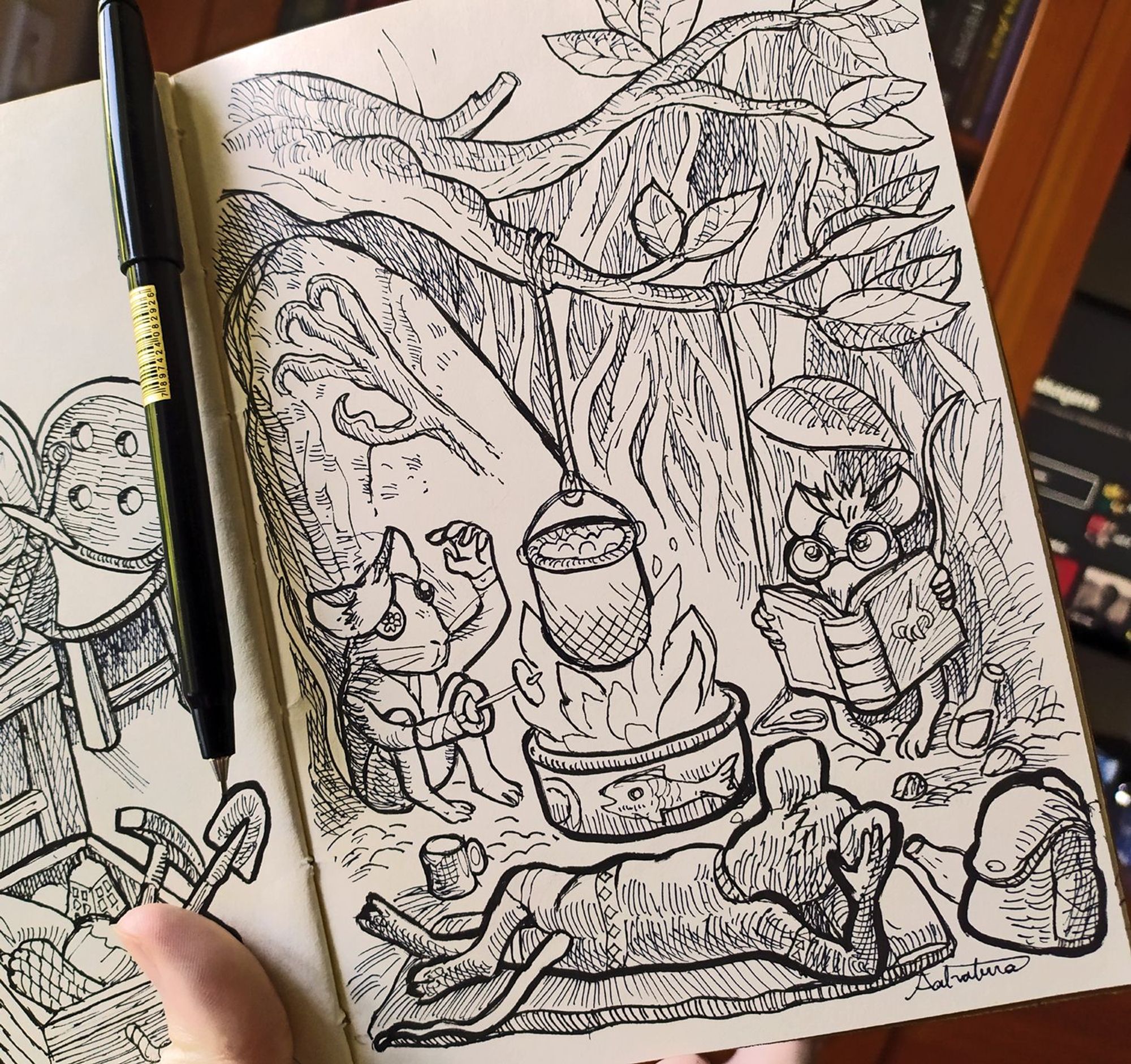 sketchbook page photo with a black and white drawing of three adventurer mice resting around a bonfire it inside an old tuna can. there is stew boiling inside a thimble hanging over the fire. there is a big rock with a bird claw carved on it. one mouse is lying down just resting. other is reading from a big tome wearing big glasses and the third mouse is roasting a seed, telling a story, wearing an eye patch and a robot hand.