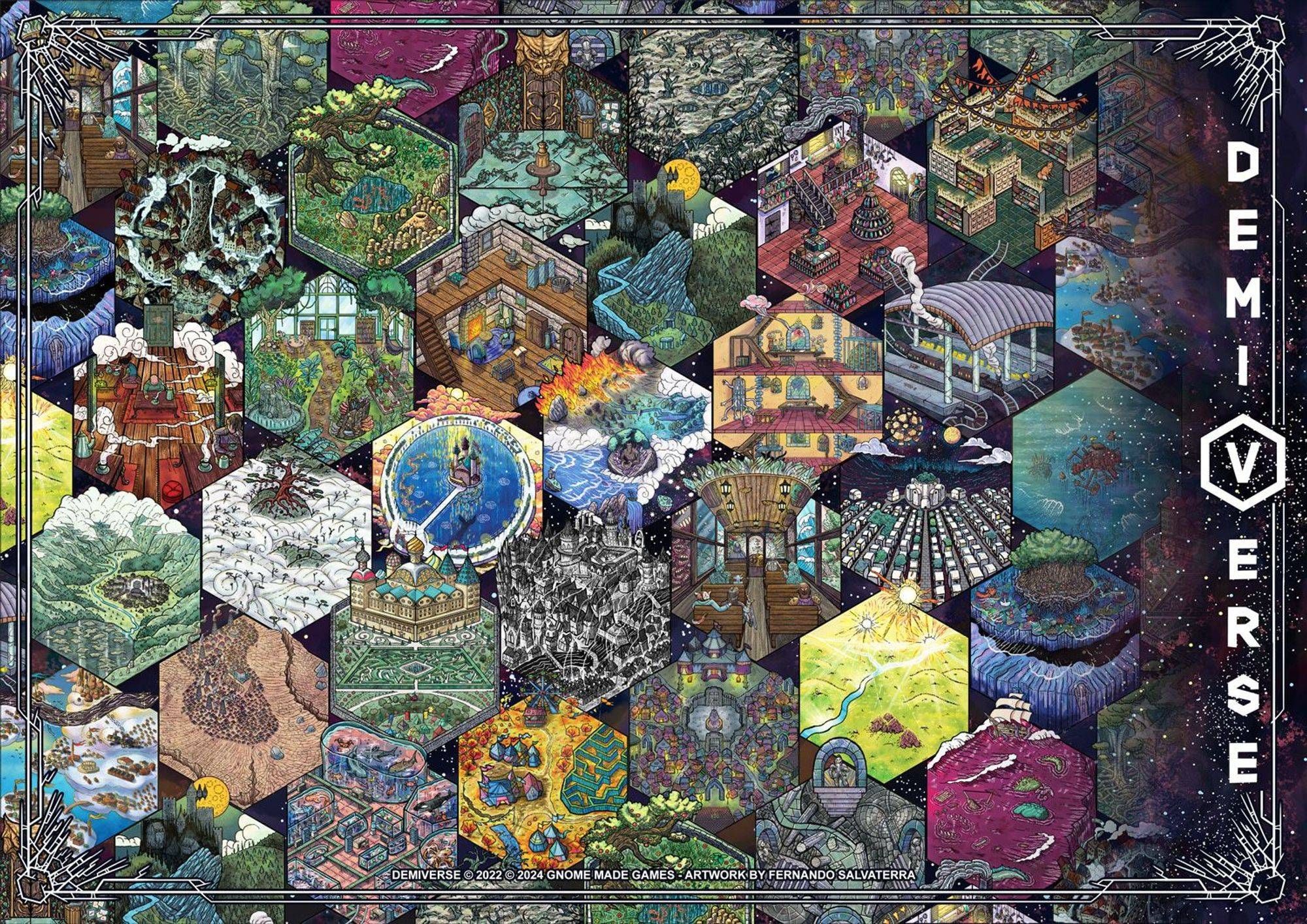 a collage of many different hex art put together. each hexagon is an illustration of a plane of existence from demiverse: cities, realms, weird pocket planes, oceans, cemeteries, shops, train stations and even a bus.