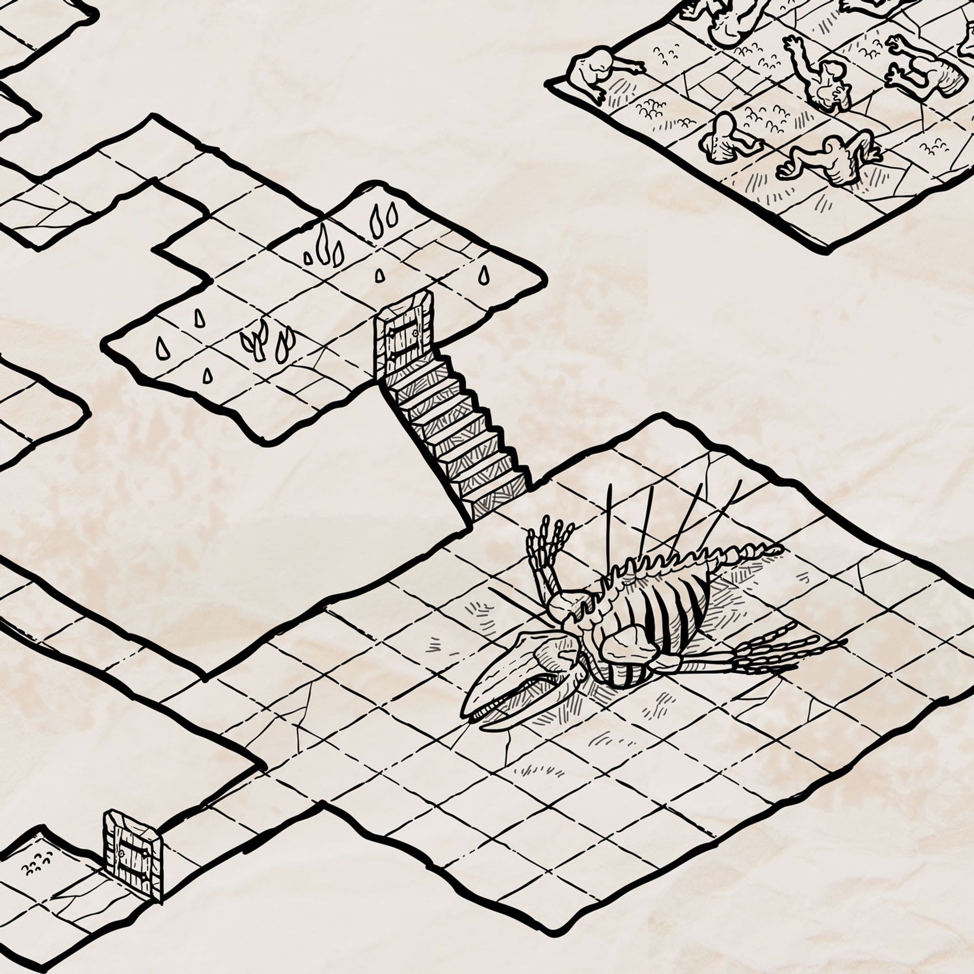 isometric map of some underground galleries filled with weird mushrooms and a whale skeleton