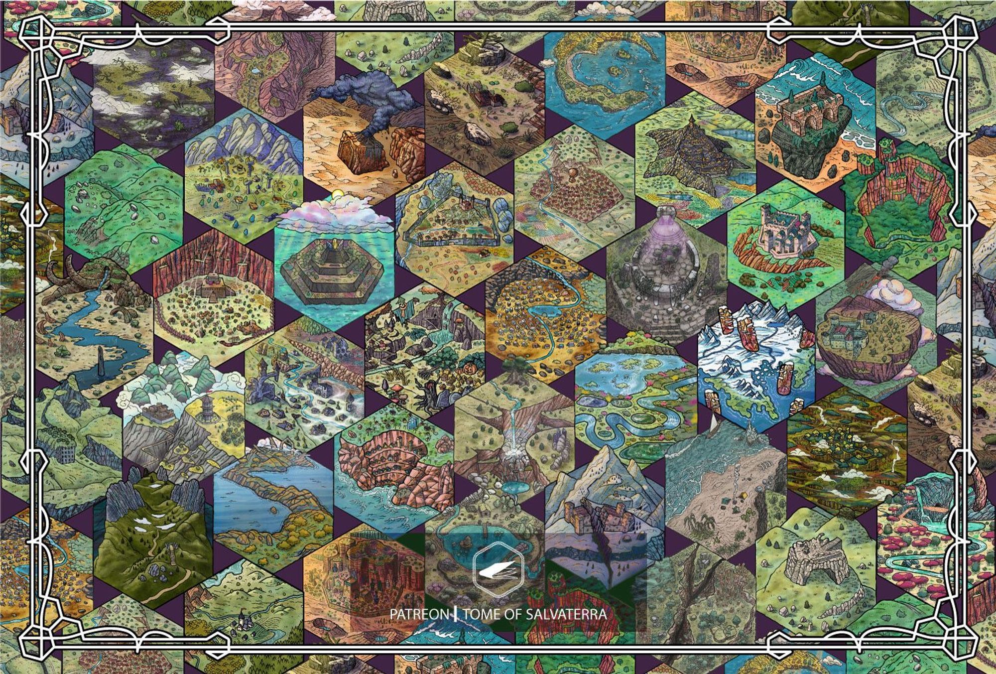 a composition with many mini maps inside hexagonal frames, aligned together in a geometrical pattern. the maps contain mountains, forests, plains, hills, rivers, coastlines, islands, deserts volcanos, ruins, cities, towns, etc.