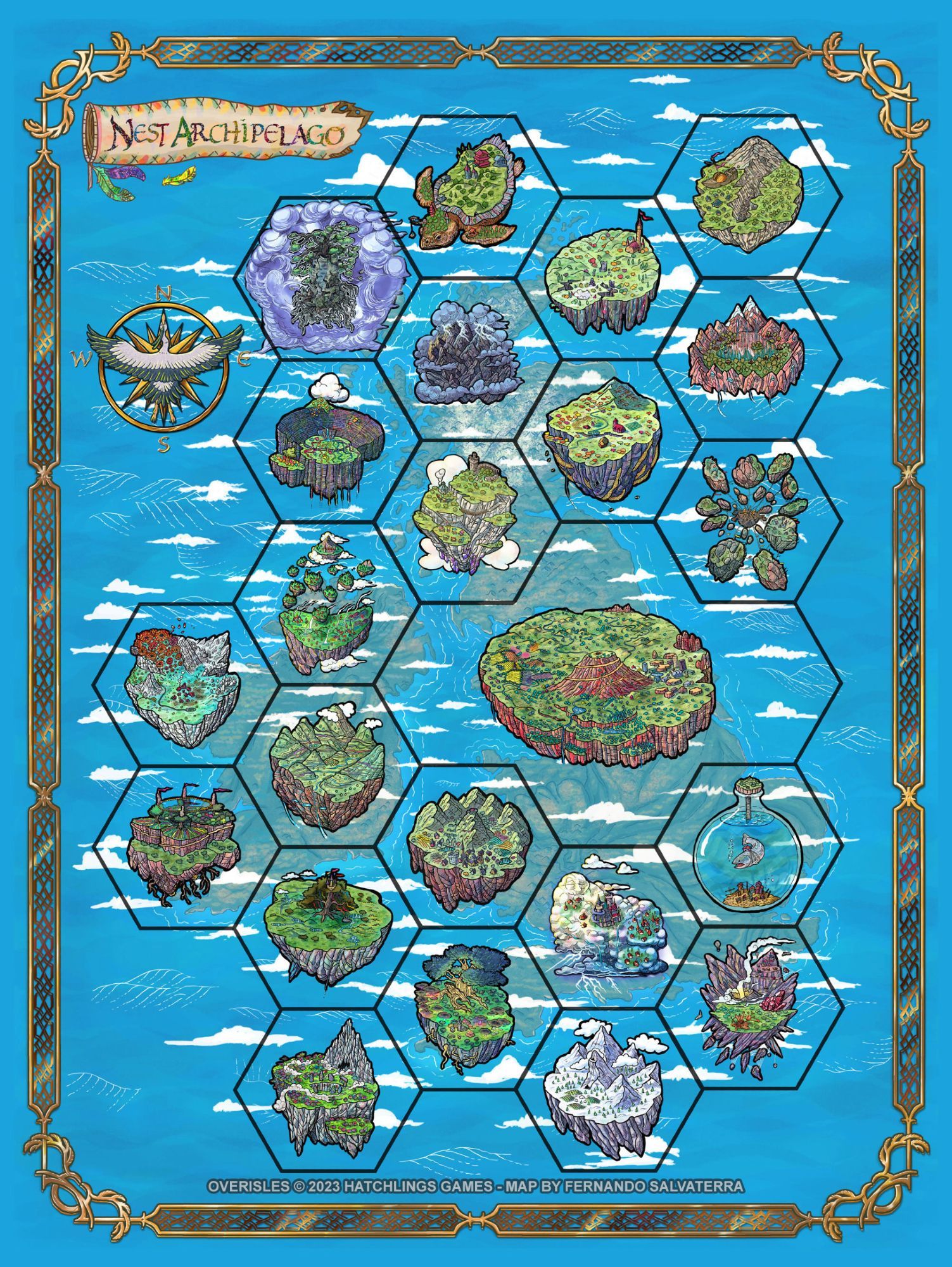 a sky map of 23 floating islands of different complexions against a blue sea and some faded lands at sea level.