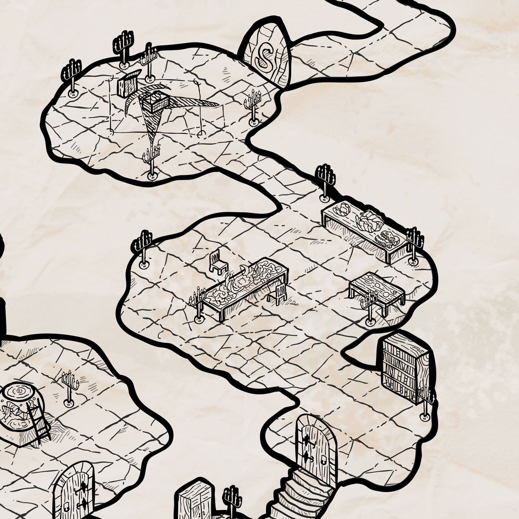 a black and white isometric map depicting a secret magic dungeon hidden beneath the water in Castaway Aqueduct, revealed by waterfal being poured trhough the ruined aqueduct. the dungeon has accomodations for a wizard or some other kind of magic user, with a spell study room, some ritual rooms, an alchemy lab, kitchen, bedroom, a meeting hall a escape route.