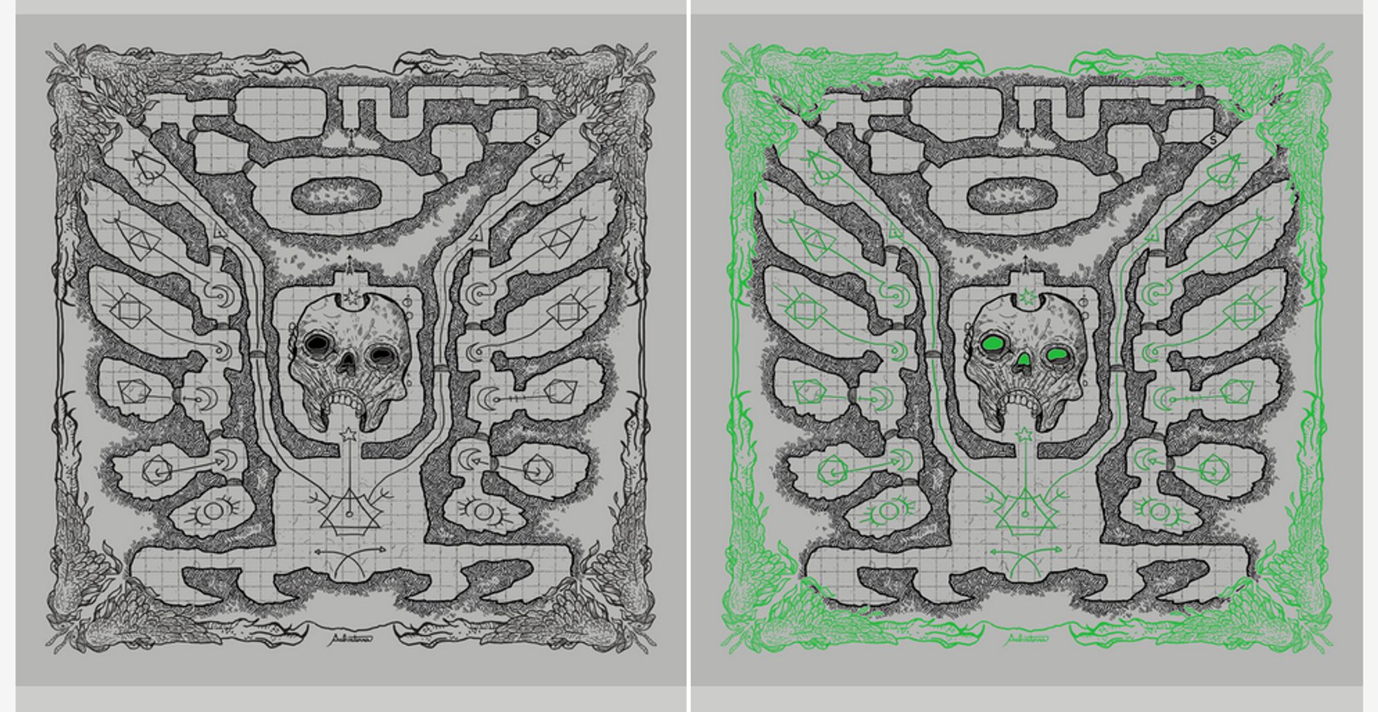 print screen of a dungeon map with a big skull in the center, surrounded by rooms that closely form angel wings around it.