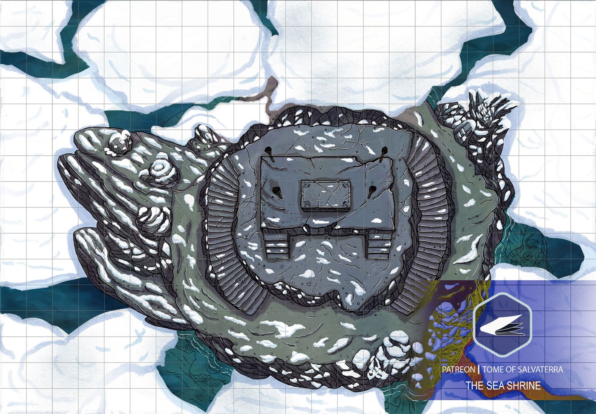 an RPG battlemap depicting a stone altar up in a rock formation sprouting from cold water with icebergs.