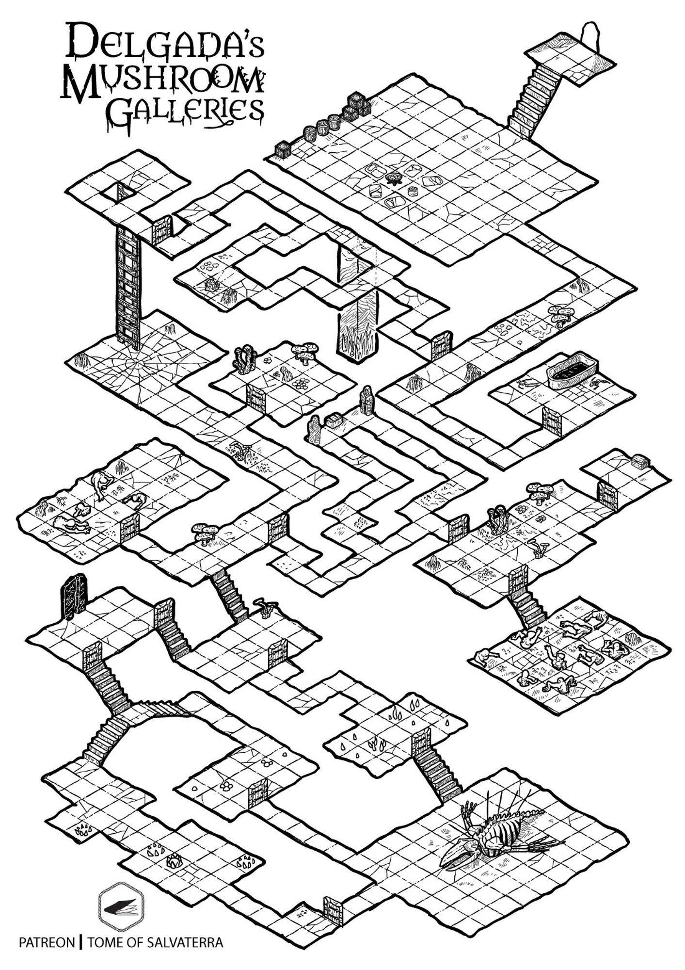 isometric map of some underground galleries filled with weird mushrooms, a whale skeleton, a eerie-looking broken monolith and a pool of black goo.