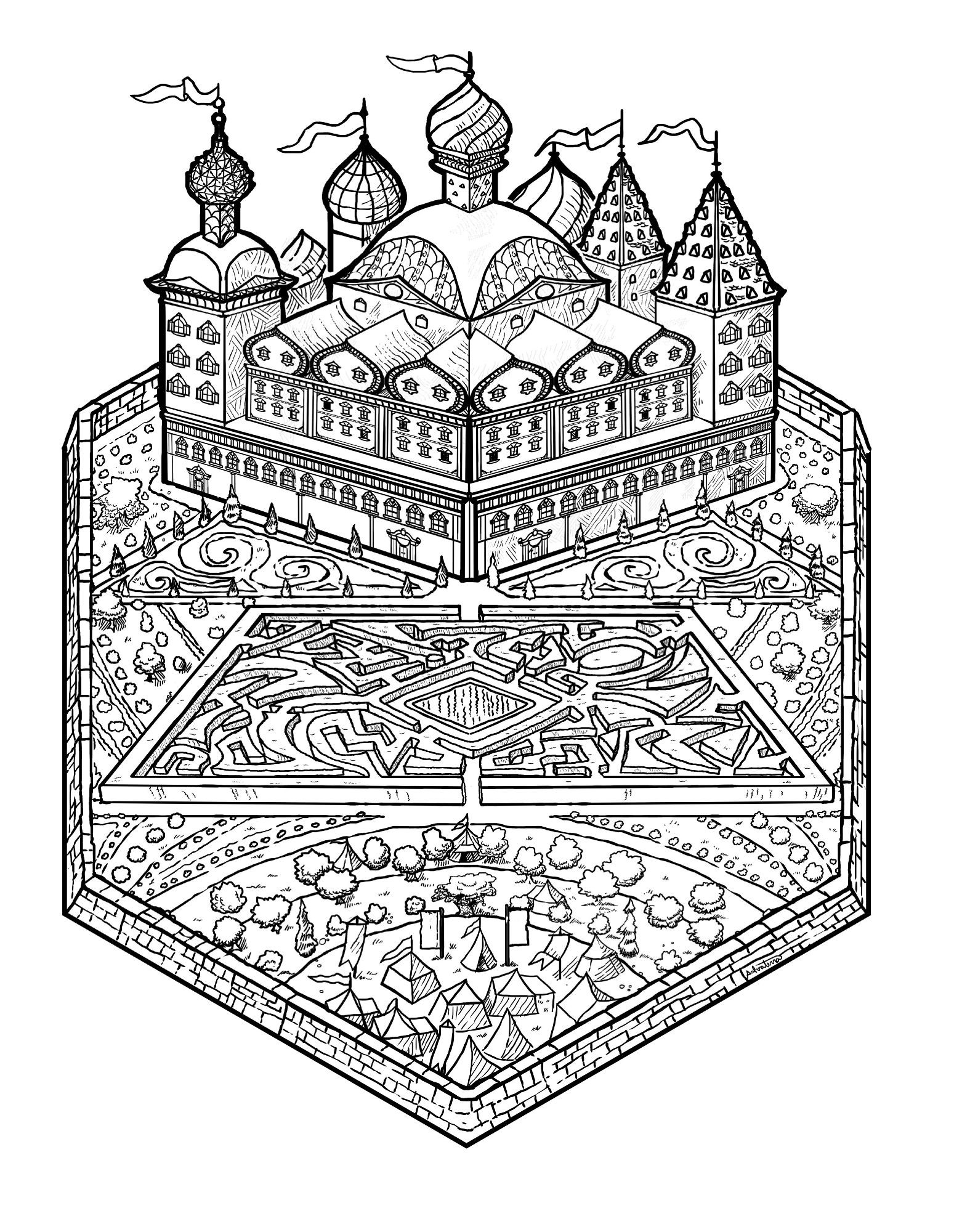 illustration of a palace with a hedge maze in the garden. There is a fey tent encampment in the garden.