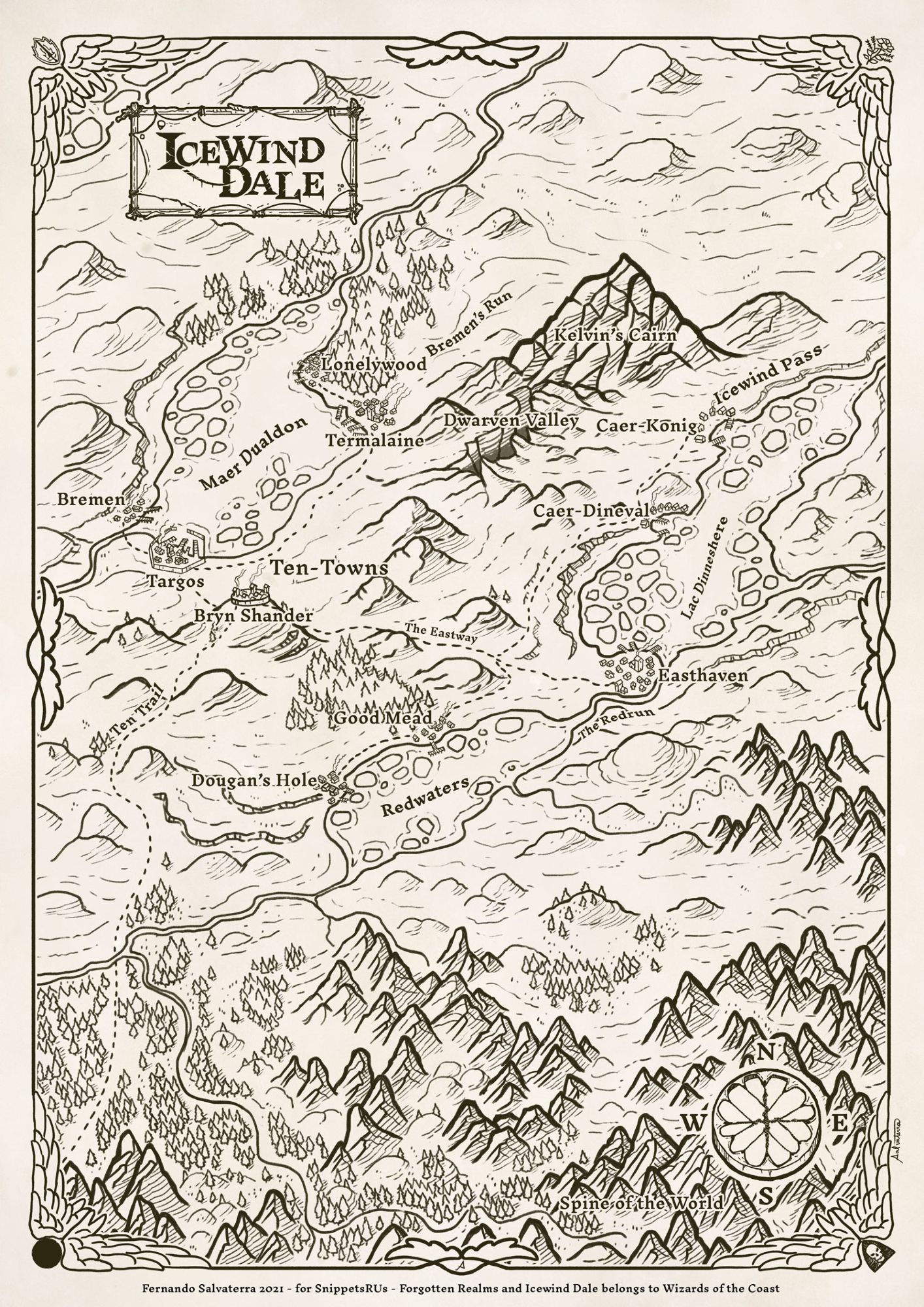 a black and white map of icewind dale against an old paper texture. It has a big mountain at the center, surrounded by two frozen lakes, frozen hills to the north, mountain range to the south, all with occasional pine woods and towns here and there.