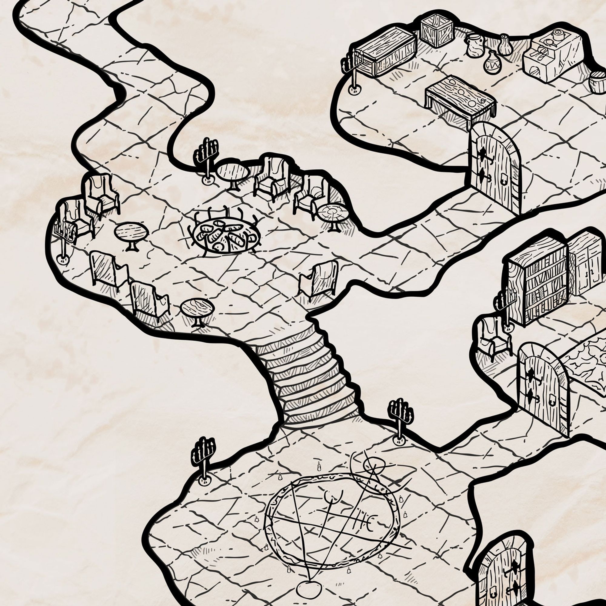 a black and white isometric map depicting a secret magic dungeon hidden beneath the water in Castaway Aqueduct, revealed by waterfal being poured trhough the ruined aqueduct. the dungeon has accomodations for a wizard or some other kind of magic user, with a spell study room, some ritual rooms, an alchemy lab, kitchen, bedroom, a meeting hall a escape route.