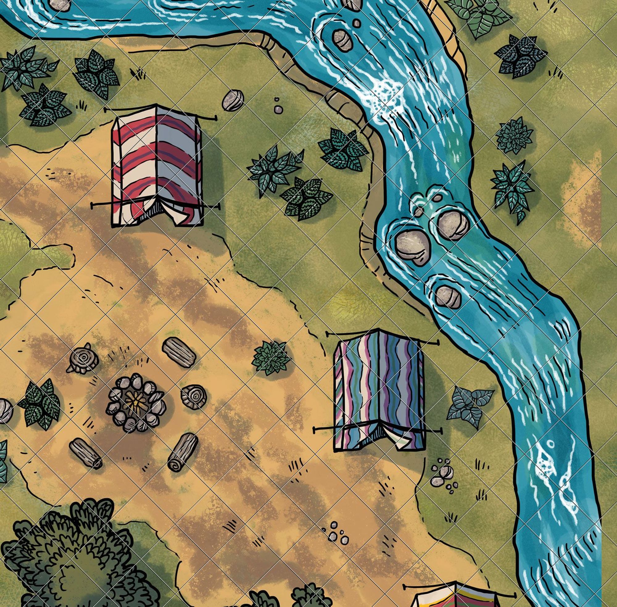 battlemap fragment depicting a camp near a river with colourful tents, a campfire, plants and trees.